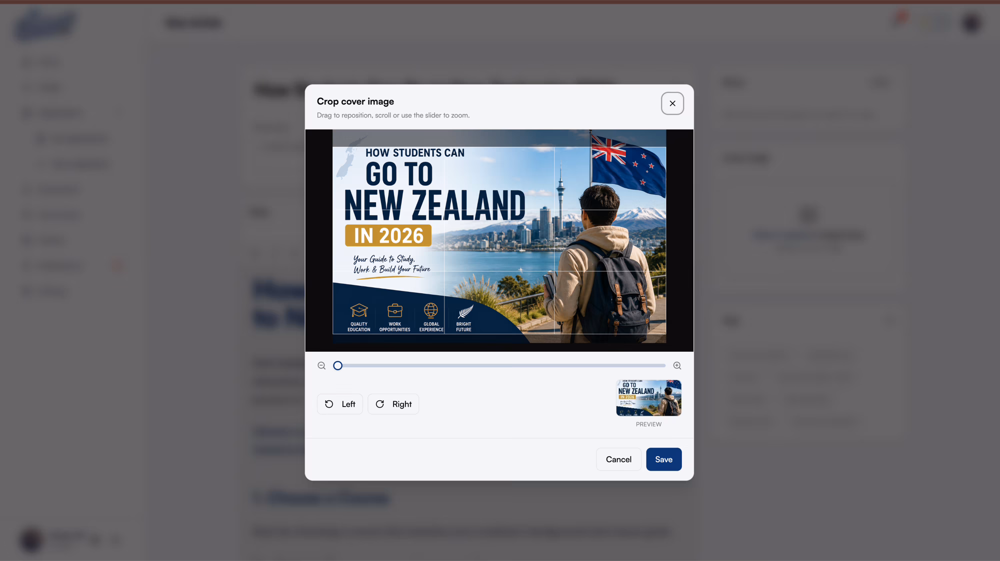 A crop dialog over the article editor, with a zoom slider, rotate controls, a rule-of-thirds grid and a live preview of the cover.