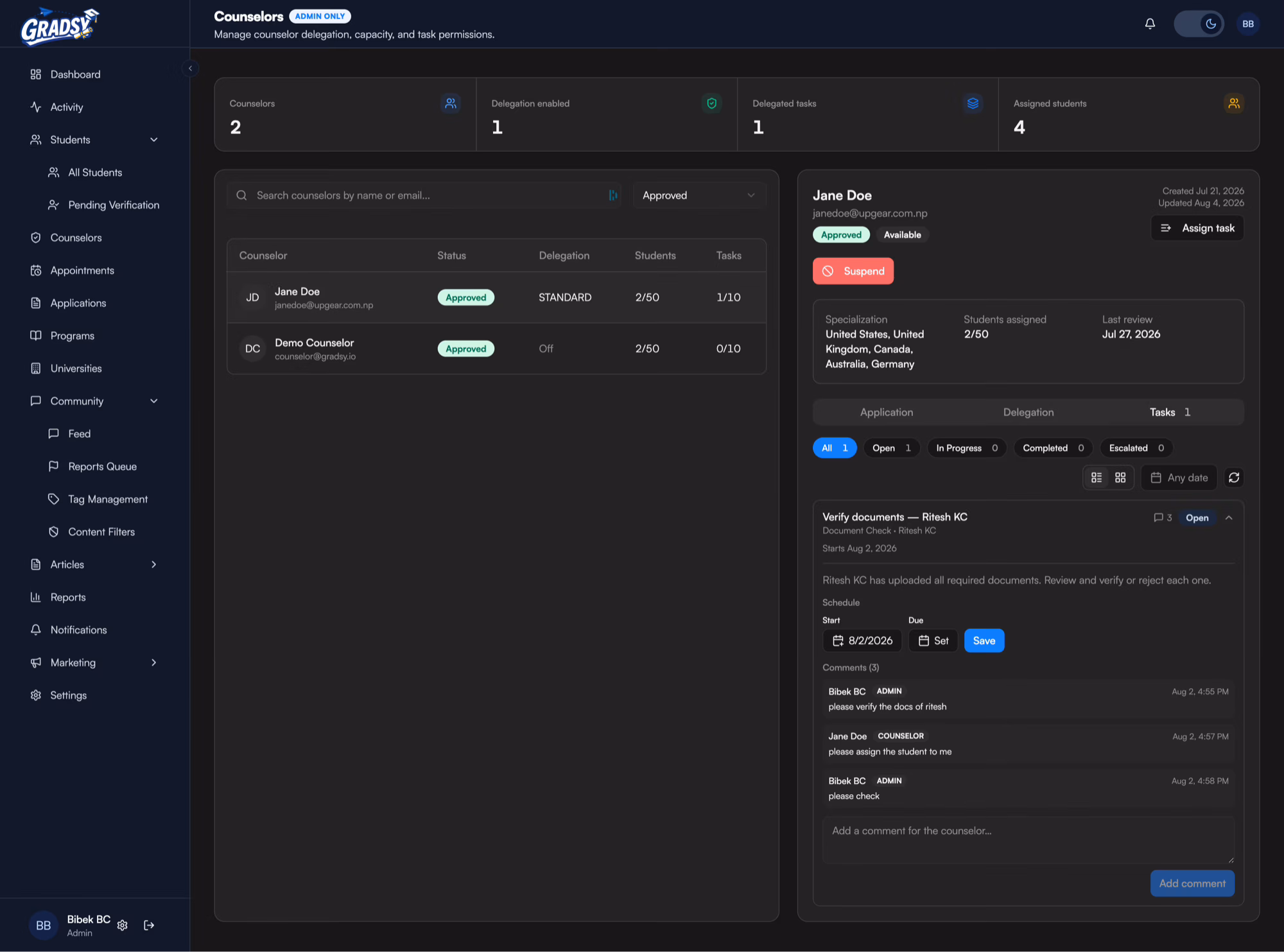 The tasks tab of the same counselor record, listing an assigned task with its schedule and the comment thread between admin and counselor.