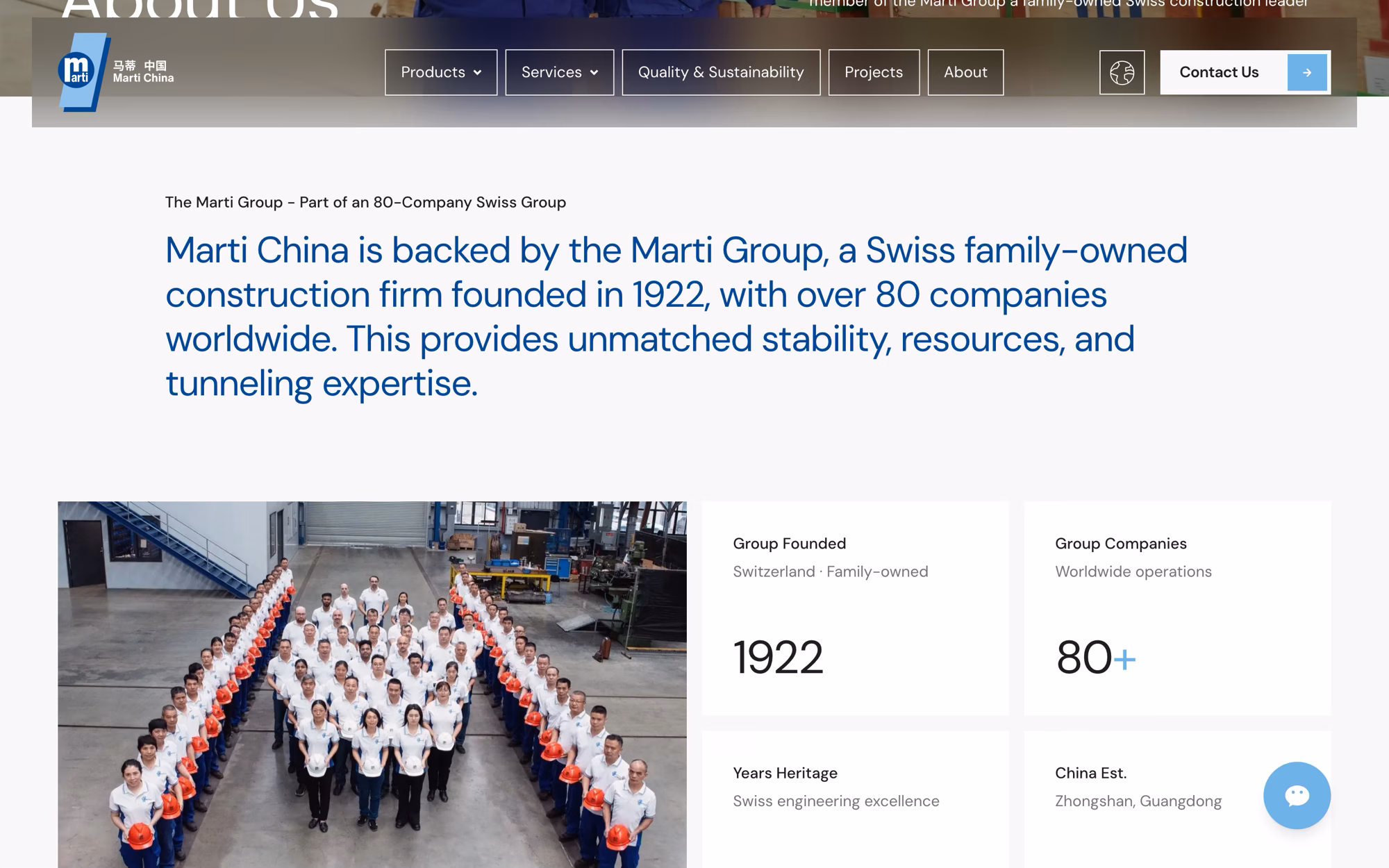 About page fact block: the Marti Group founded 1922, over 80 companies, over 100 years of engineering, China established 2011 in Zhongshan.