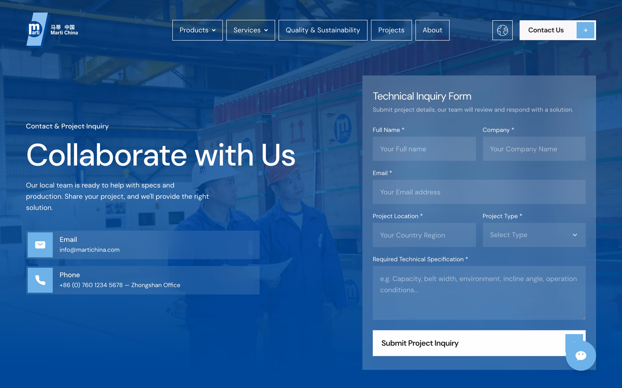 Contact page: email and phone on the left, a technical inquiry form on the right asking for name, company, email, project location, type and specification.