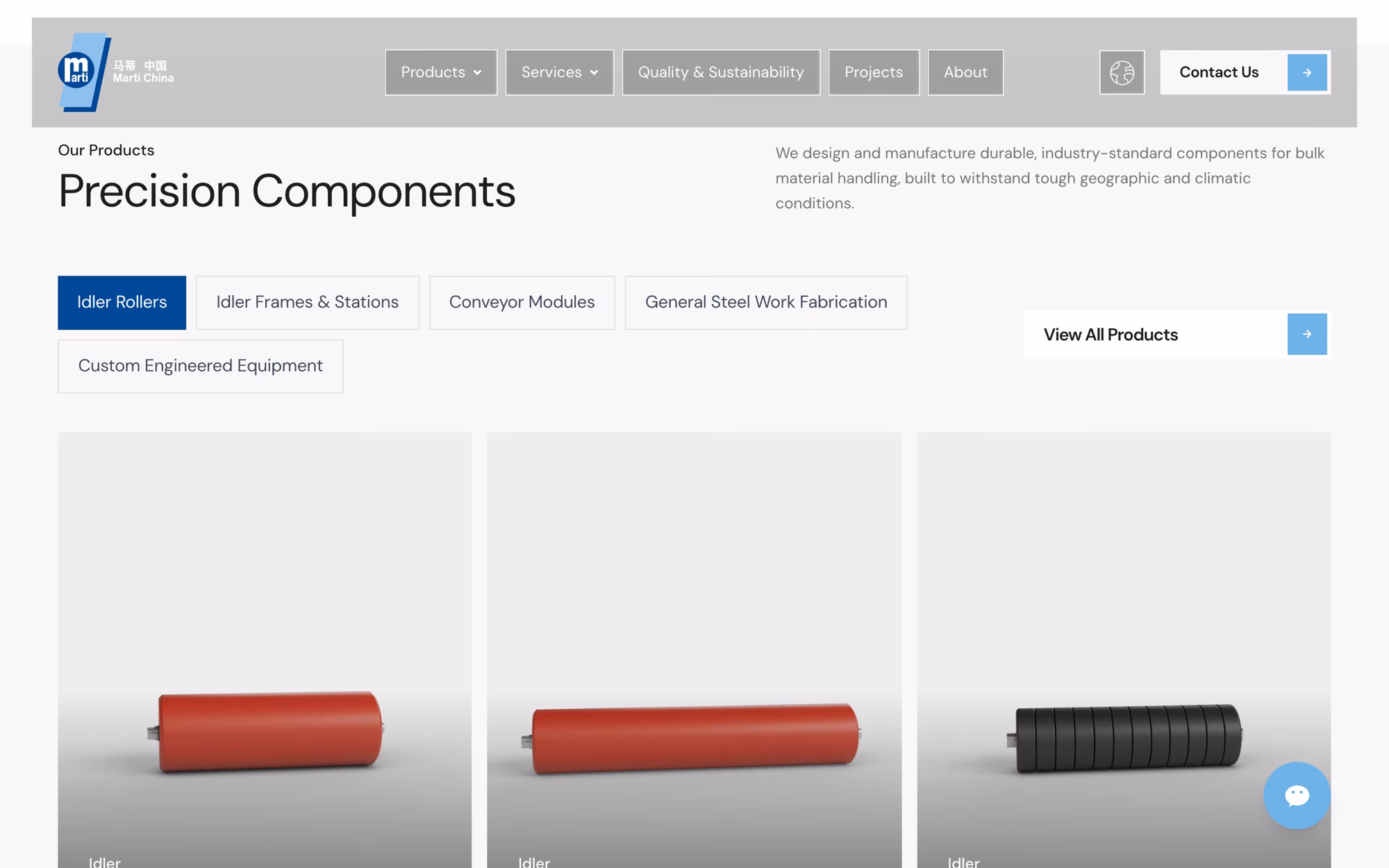 Home page product section with five category tabs above three product cards for carrying, return and impact idlers.