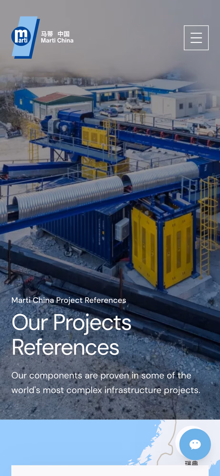 The projects page at phone width: the hero photograph of a conveyor installation with the map beginning below it.