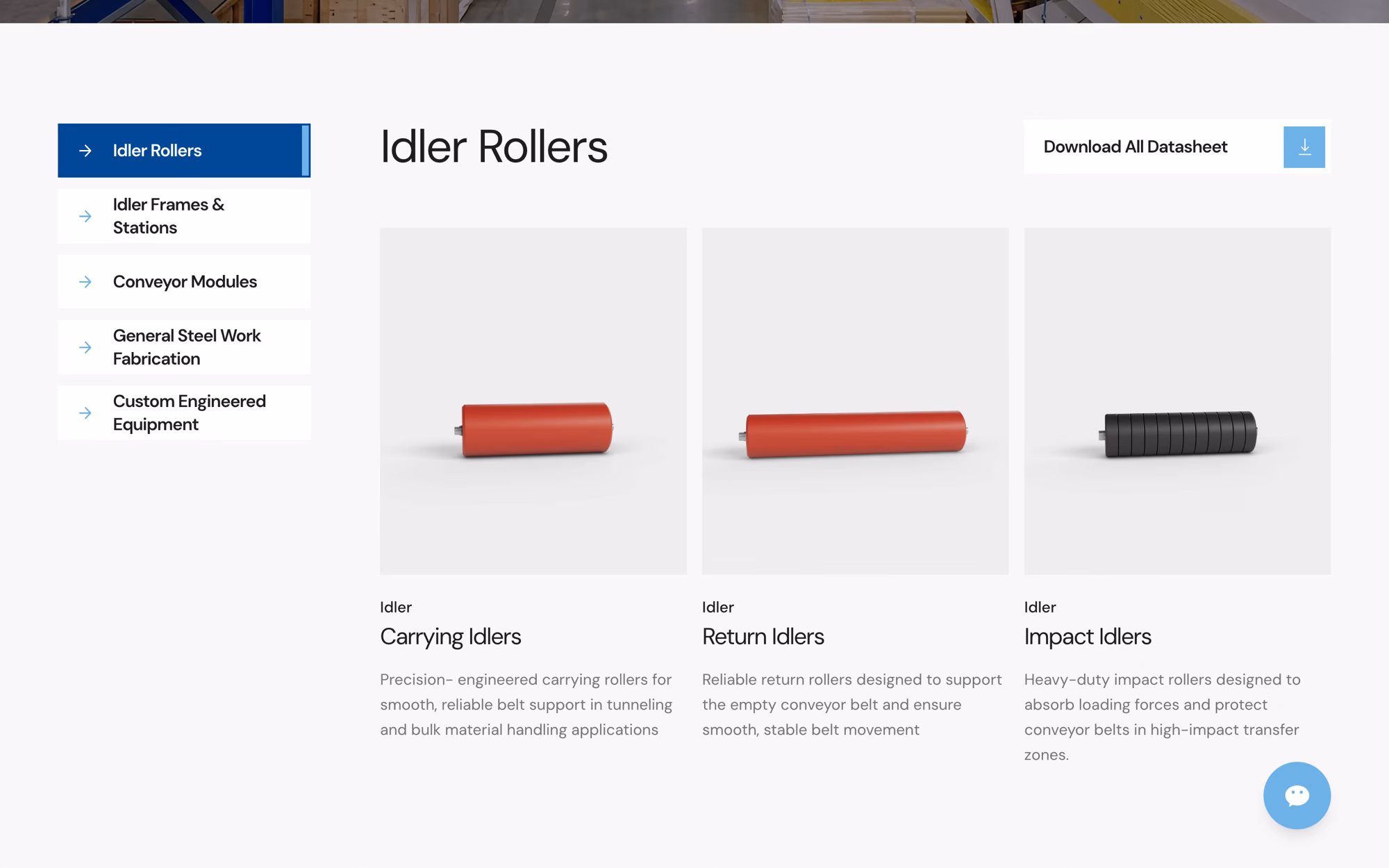 Products page: a sticky rail of five categories on the left, the idler rollers grid on the right, and a download all datasheet button.