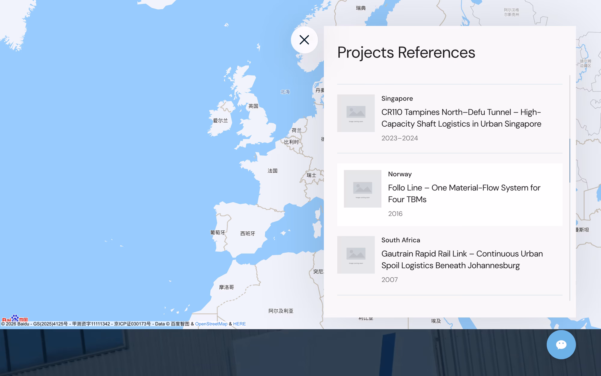 The same map after picking the Follo Line reference: the map has panned to Norway and the list row is highlighted.