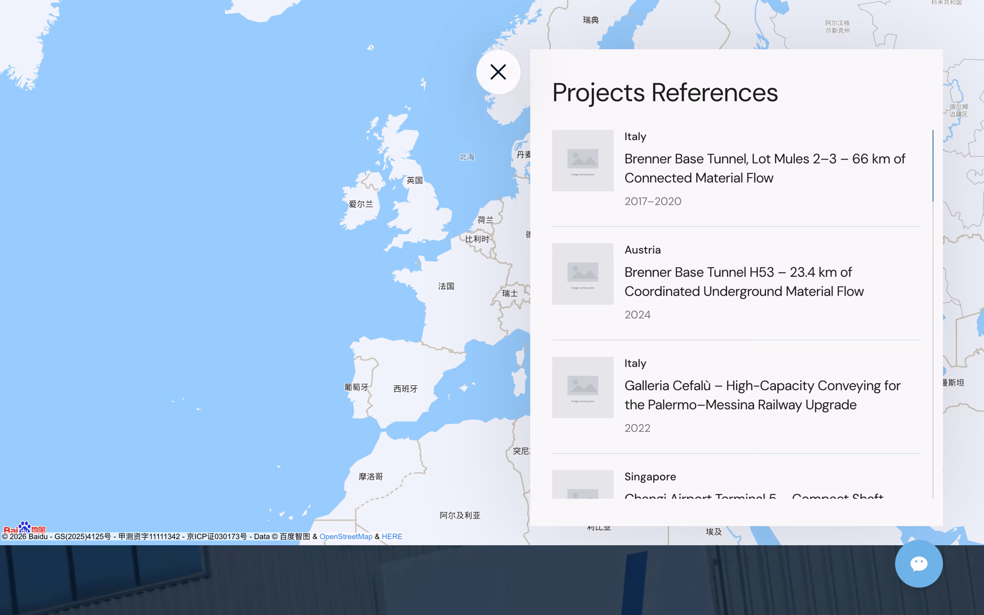 Projects page: a Baidu map of Europe with Chinese labels, a floating panel listing tunnelling references by country and year.
