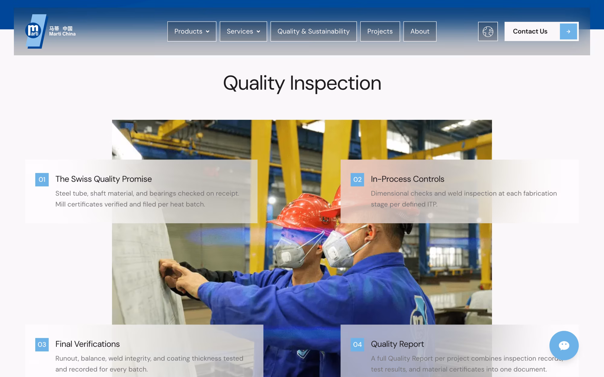 Quality inspection section: four numbered cards over a photograph of two inspectors, covering receipt checks, in-process controls, verification and the report.