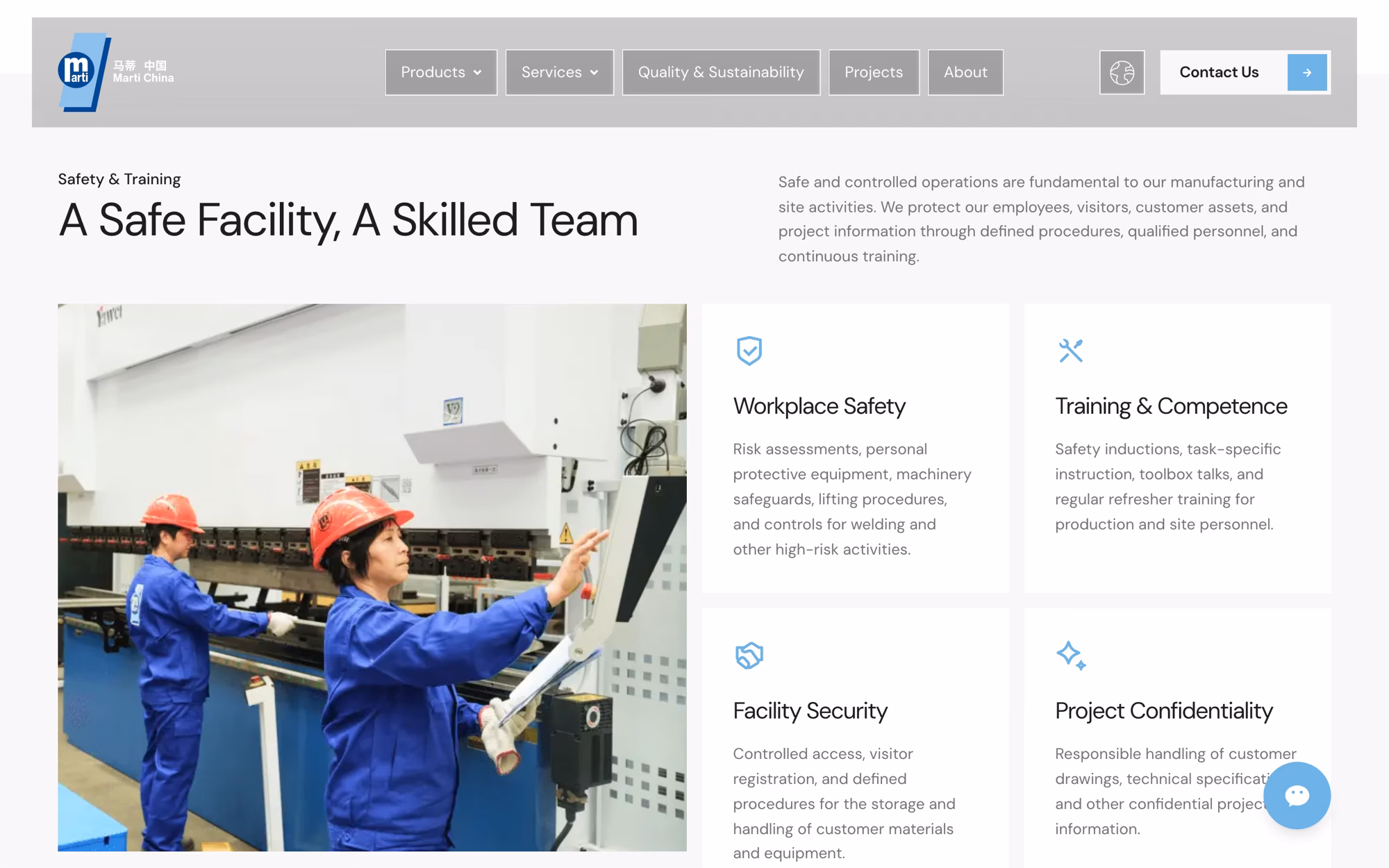 Safety section titled A Safe Facility, A Skilled Team, with cards for workplace safety, training, facility security, confidentiality and emergency preparedness.