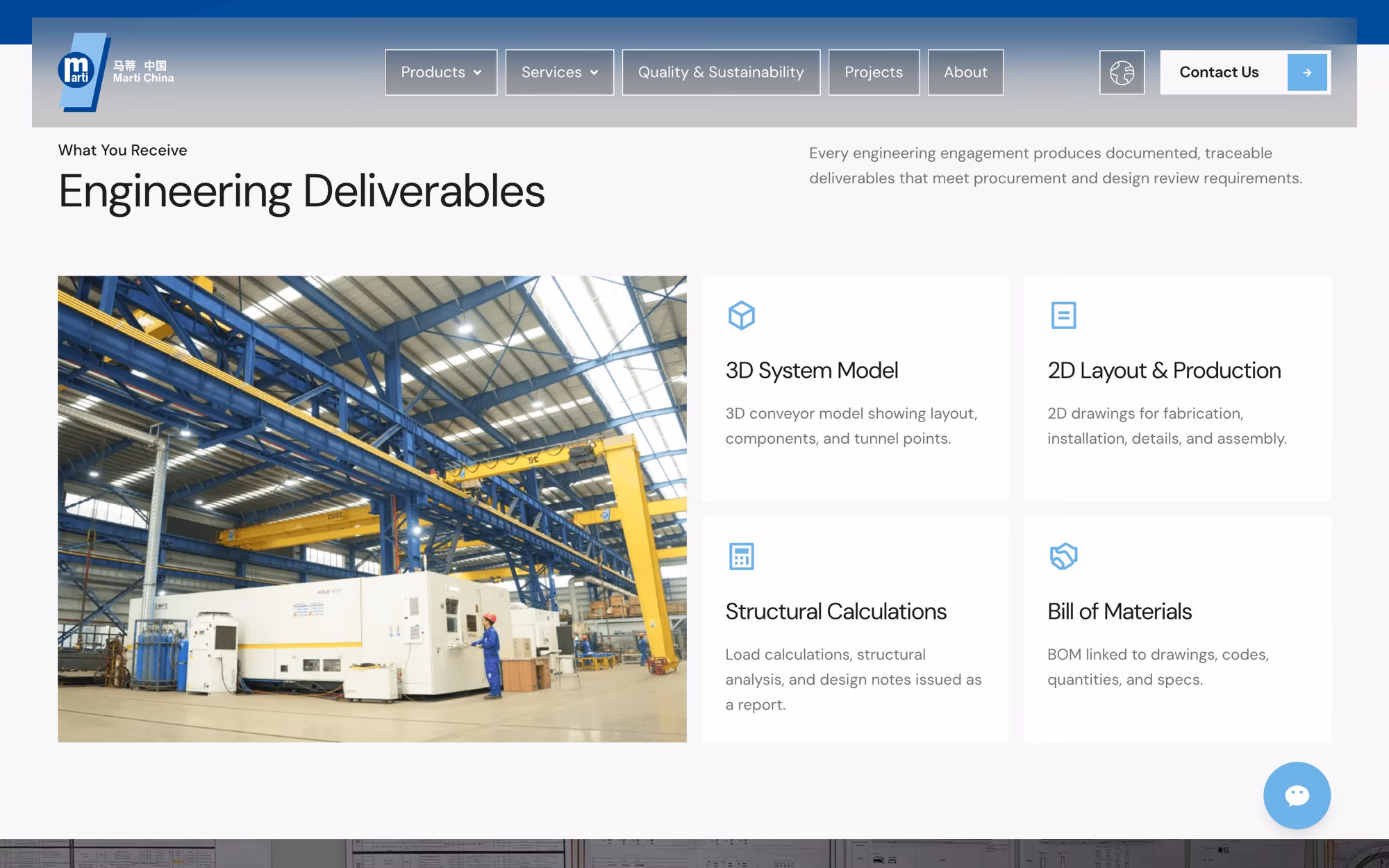 Engineering deliverables section listing 3D system model, 2D layout and production drawings, structural calculations and bill of materials.