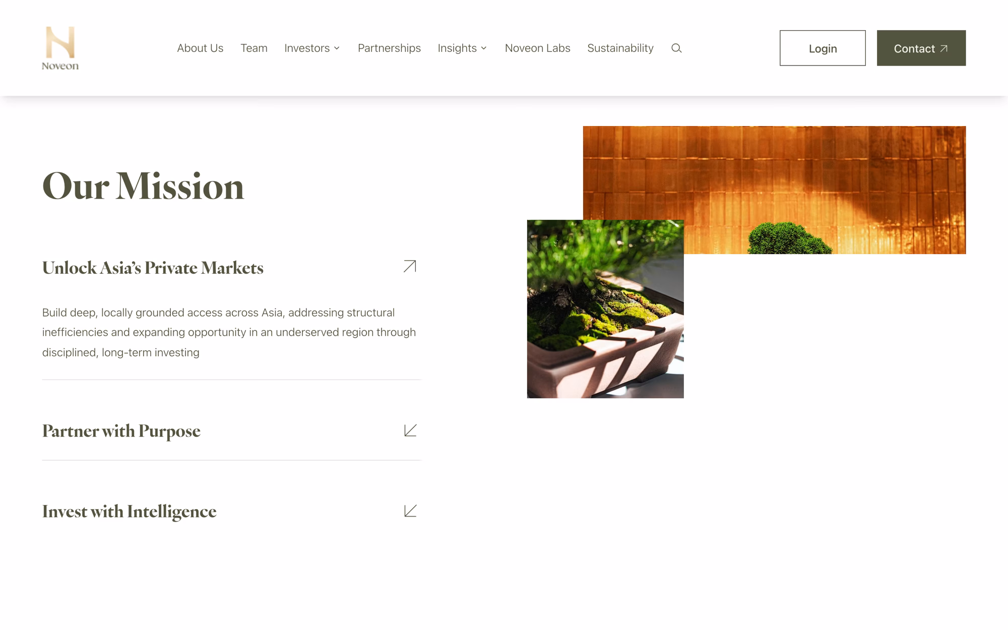 About page mission block: three expandable rows, the first open on Unlock Asia's Private Markets, with two overlapping photographs at the right.