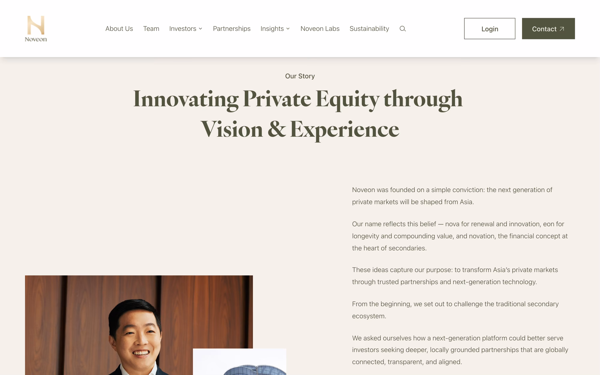 About page section titled Innovating Private Equity through Vision and Experience, with the firm's origin story in a column beside portraits.