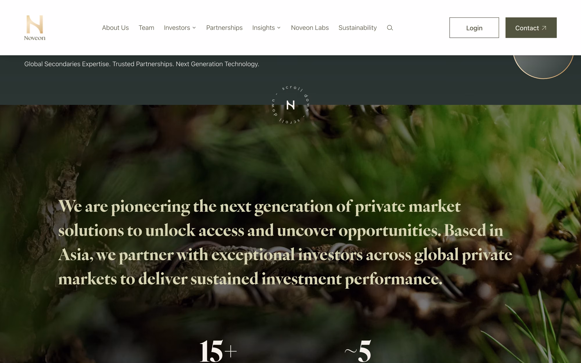 Home page statement section: a large serif paragraph about pioneering private market solutions over green macro footage, with the first figures below it.