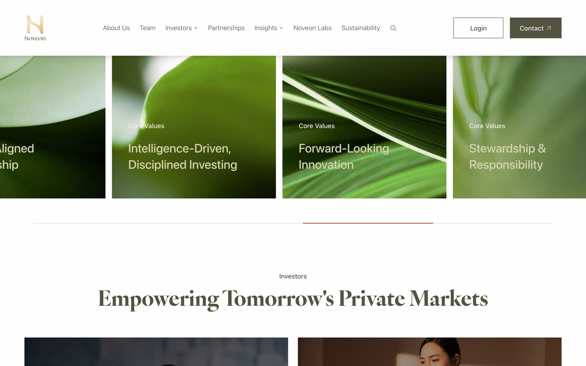 The core values rail: four photographic cards captioned client-aligned partnership, intelligence-driven investing, forward-looking innovation, stewardship.