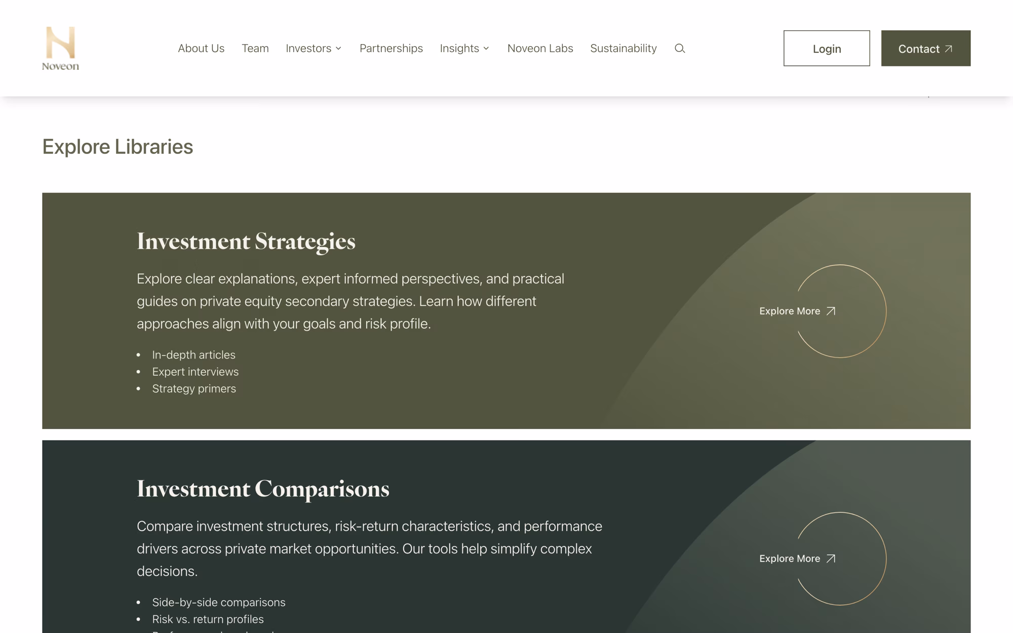 Knowledge Center page: full-width cards for investment strategies and investment comparisons, each listing what the library holds.