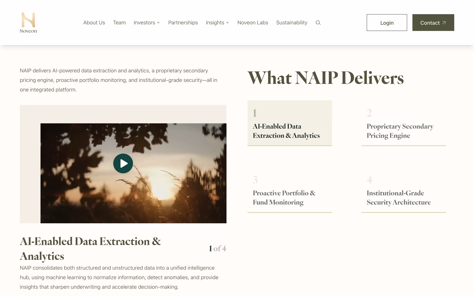 What NAIP Delivers section: a video panel on the left, four numbered feature tiles on the right, the first one selected.