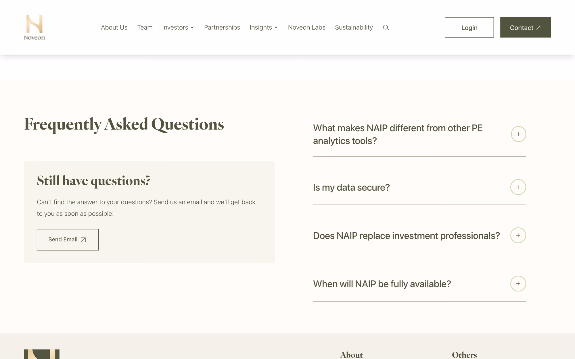 Noveon Labs FAQ: four collapsed questions about the product beside a card offering an email reply to anything not covered.