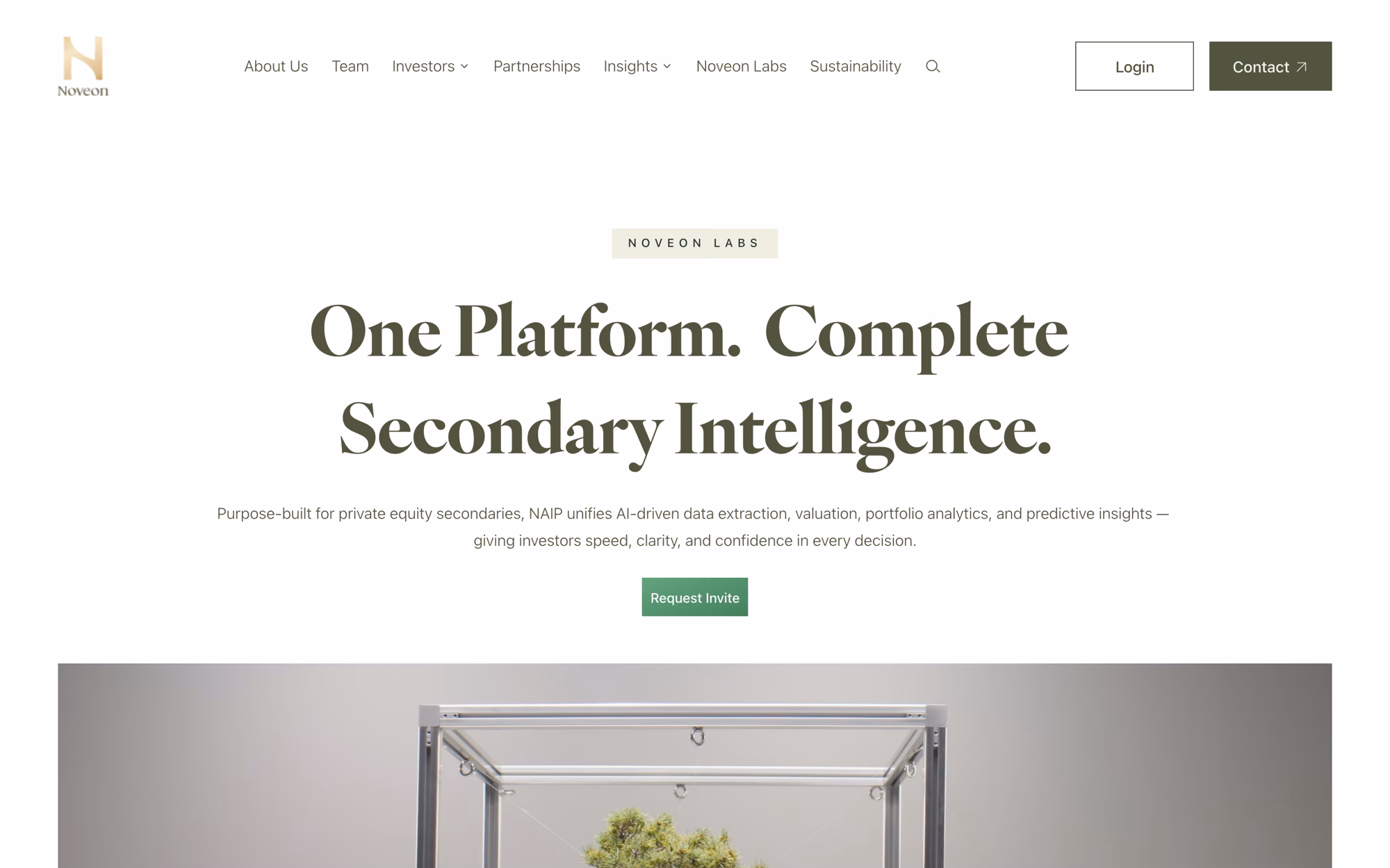 Noveon Labs page opening: the line One Platform. Complete Secondary Intelligence., a paragraph about the NAIP product and a request invite button.