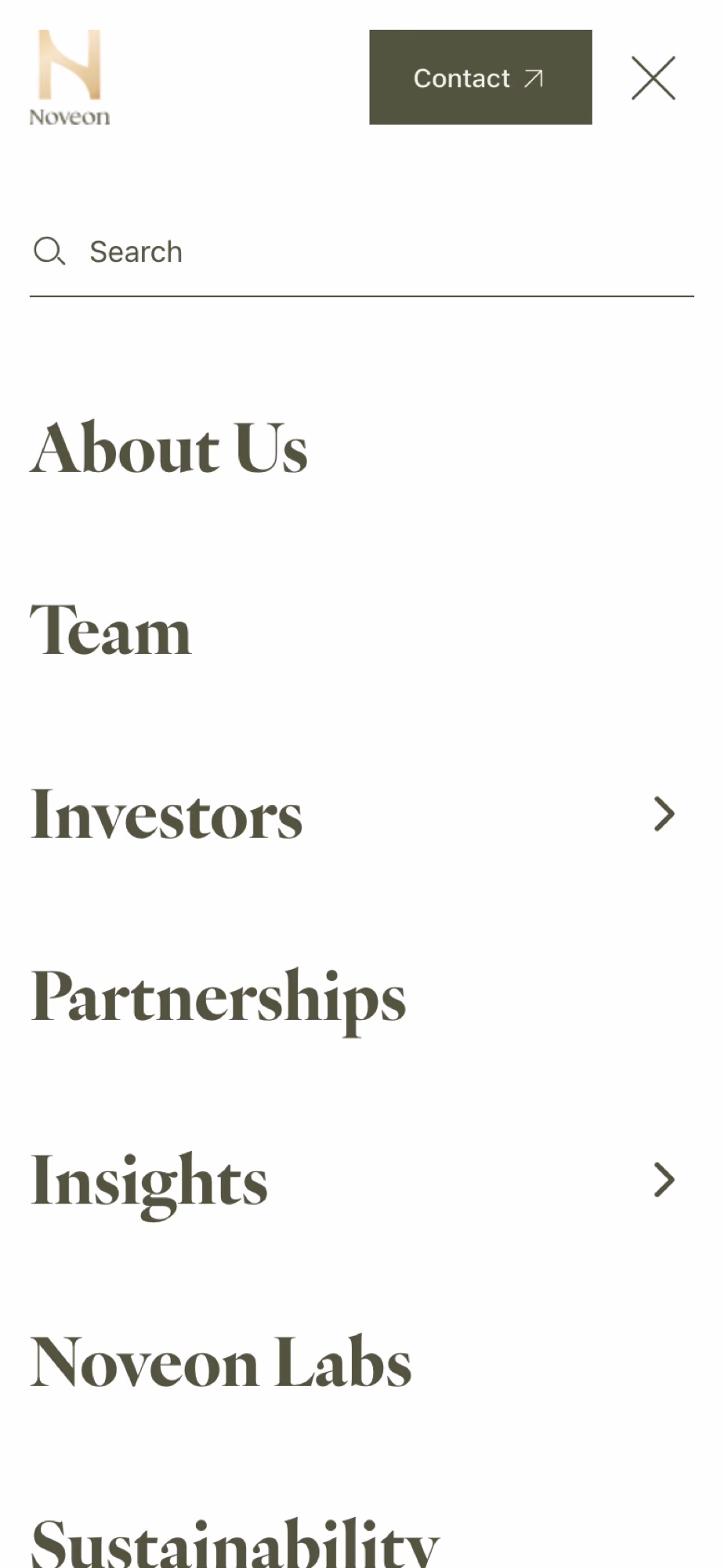 The navigation at phone width: a full-screen sheet with a search field at the top and the nav items below, Investors and Insights carrying disclosure arrows.
