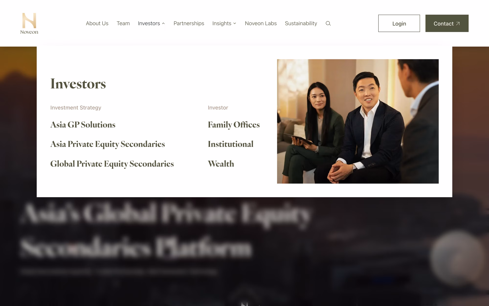 The Investors menu open over the home page: an investment strategy column of three links, an investor column of three, and a photograph beside them.