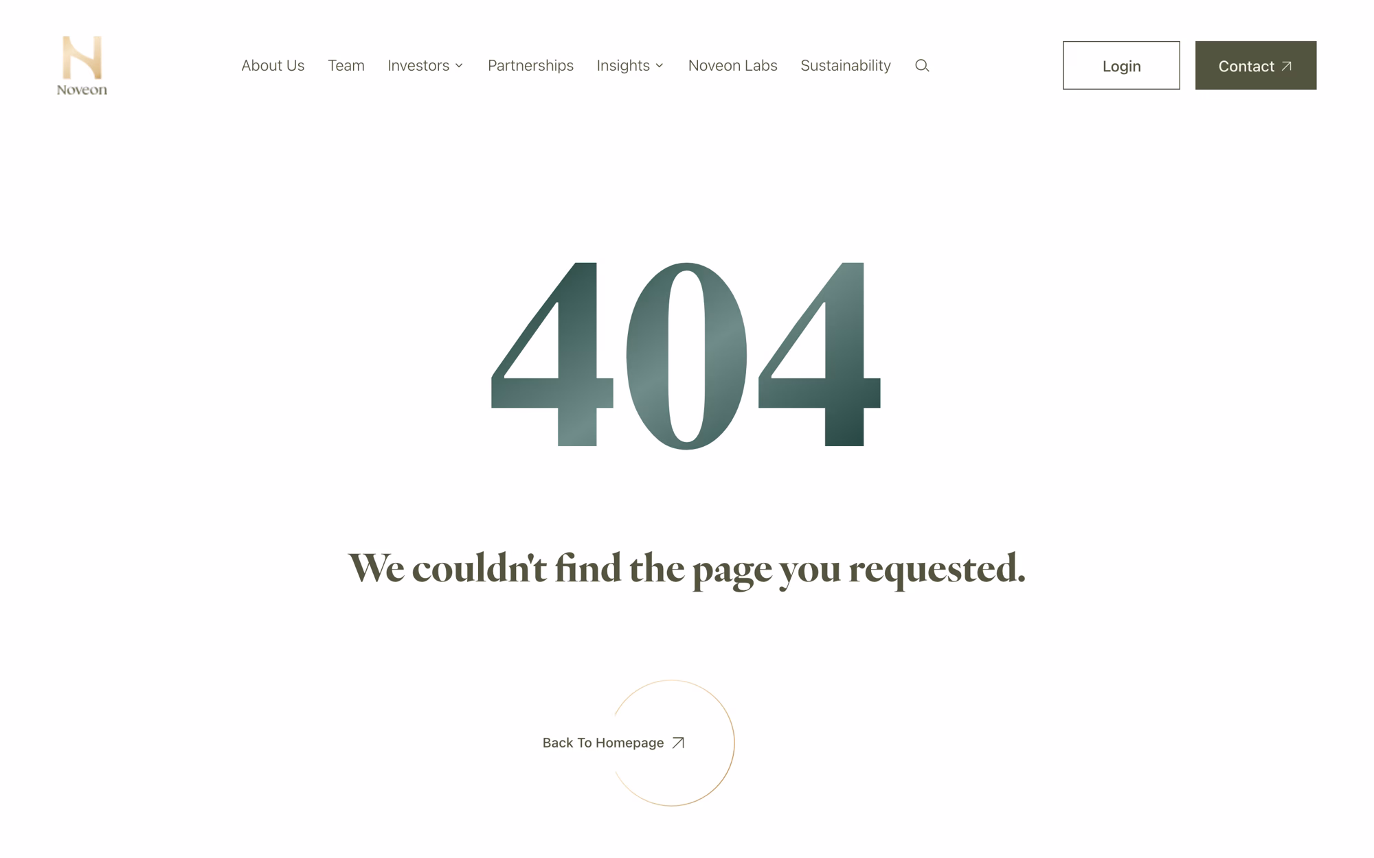The site's 404 page: the numerals 404 in the display face, the line We couldn't find the page you requested, and a back to homepage link.
