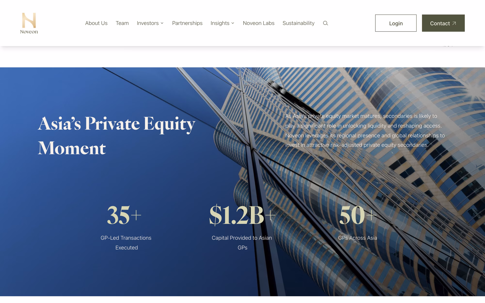 The Asia General Partner Solutions page: a blue band headed Asia's Private Equity Moment with three figures for transactions, capital provided and GPs covered.