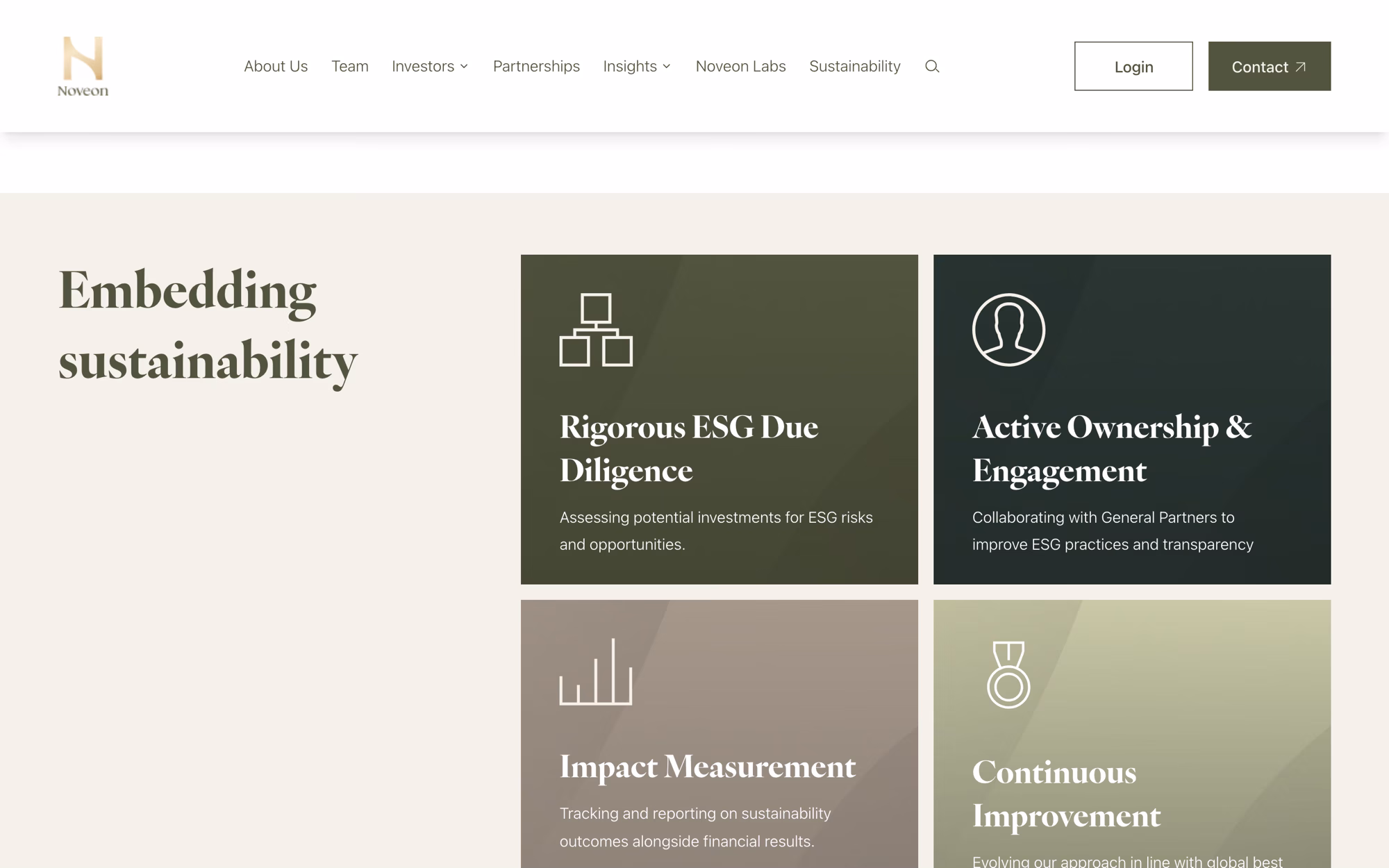 Sustainability page section headed Embedding sustainability, with four coloured cards: ESG due diligence, active ownership, impact measurement, improvement.