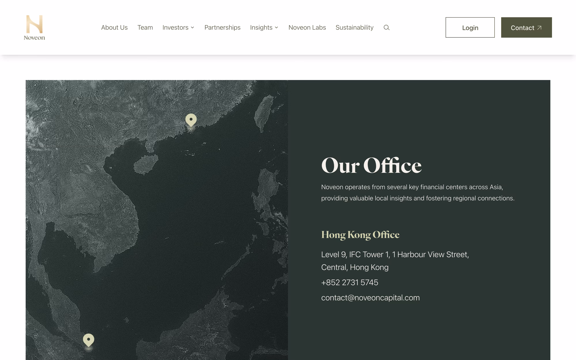 Our Office section: a tinted satellite map of east and southeast Asia with two pins, beside the Hong Kong address, phone number and email.