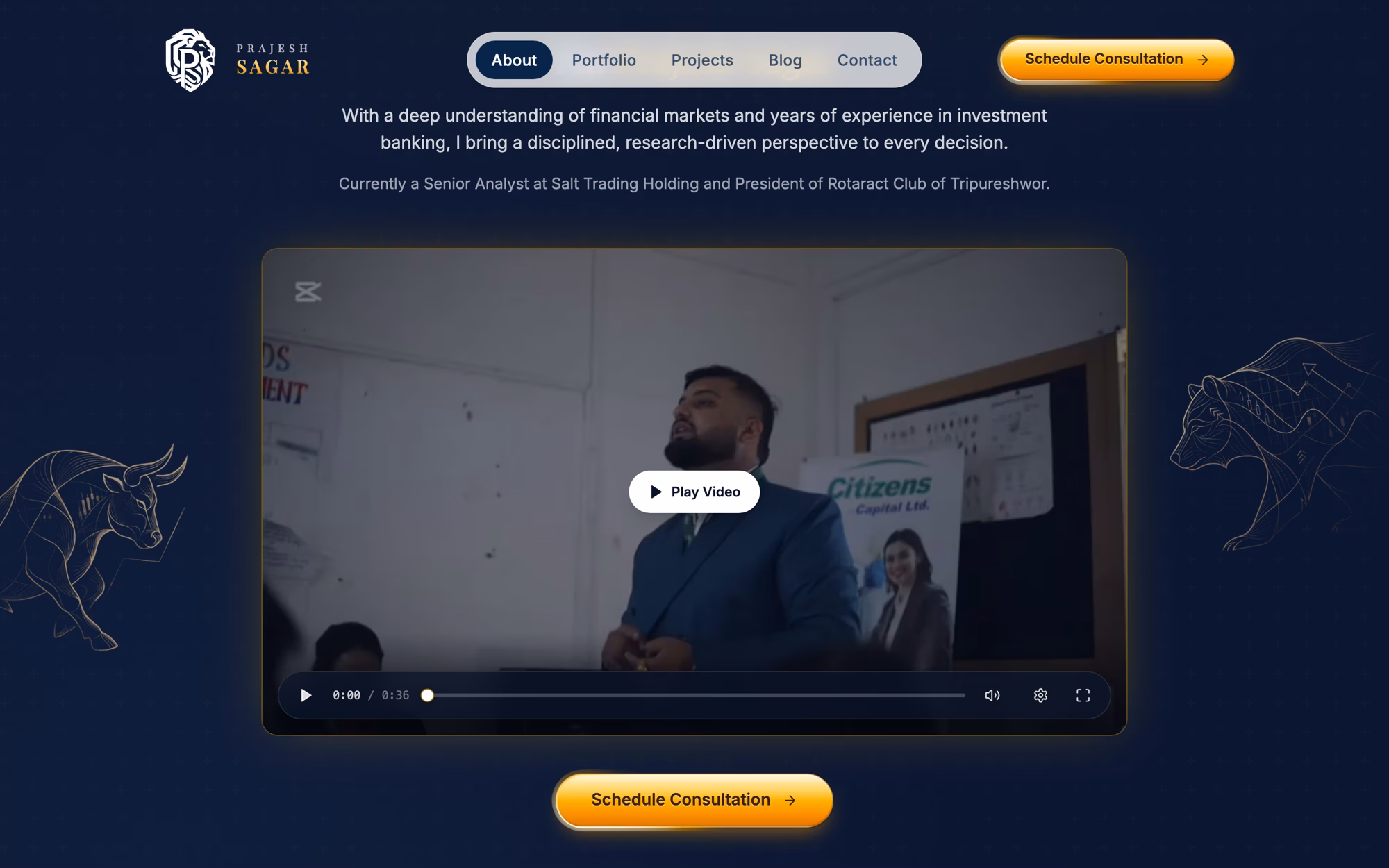The about section: two paragraphs about the practice, a video of Prajesh presenting to a room, and line drawings of a bull and a bear either side of it.