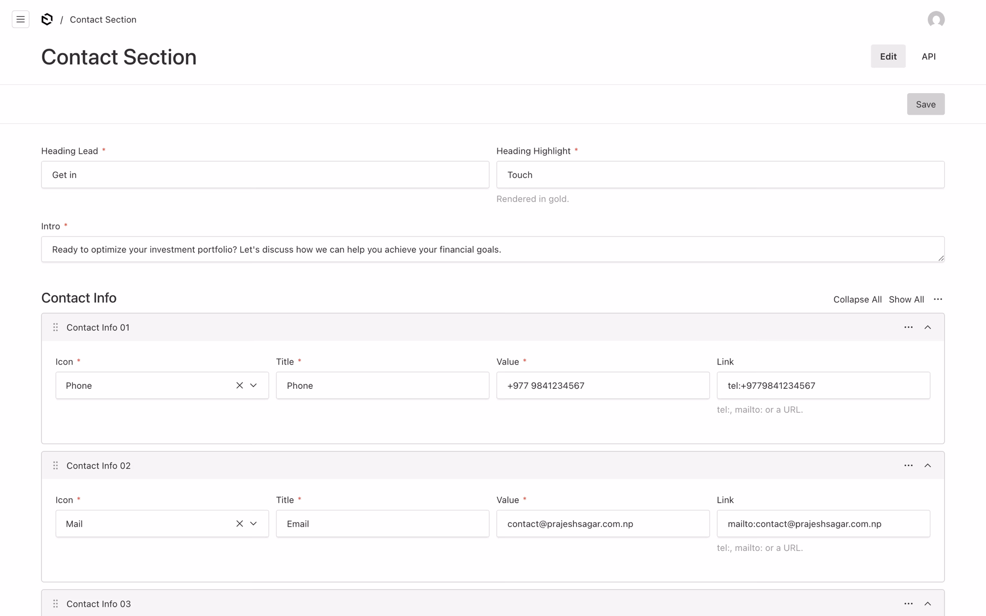The contact section in Payload: the heading fields, then contact detail rows carrying an icon, a title, a value and the link the value opens.