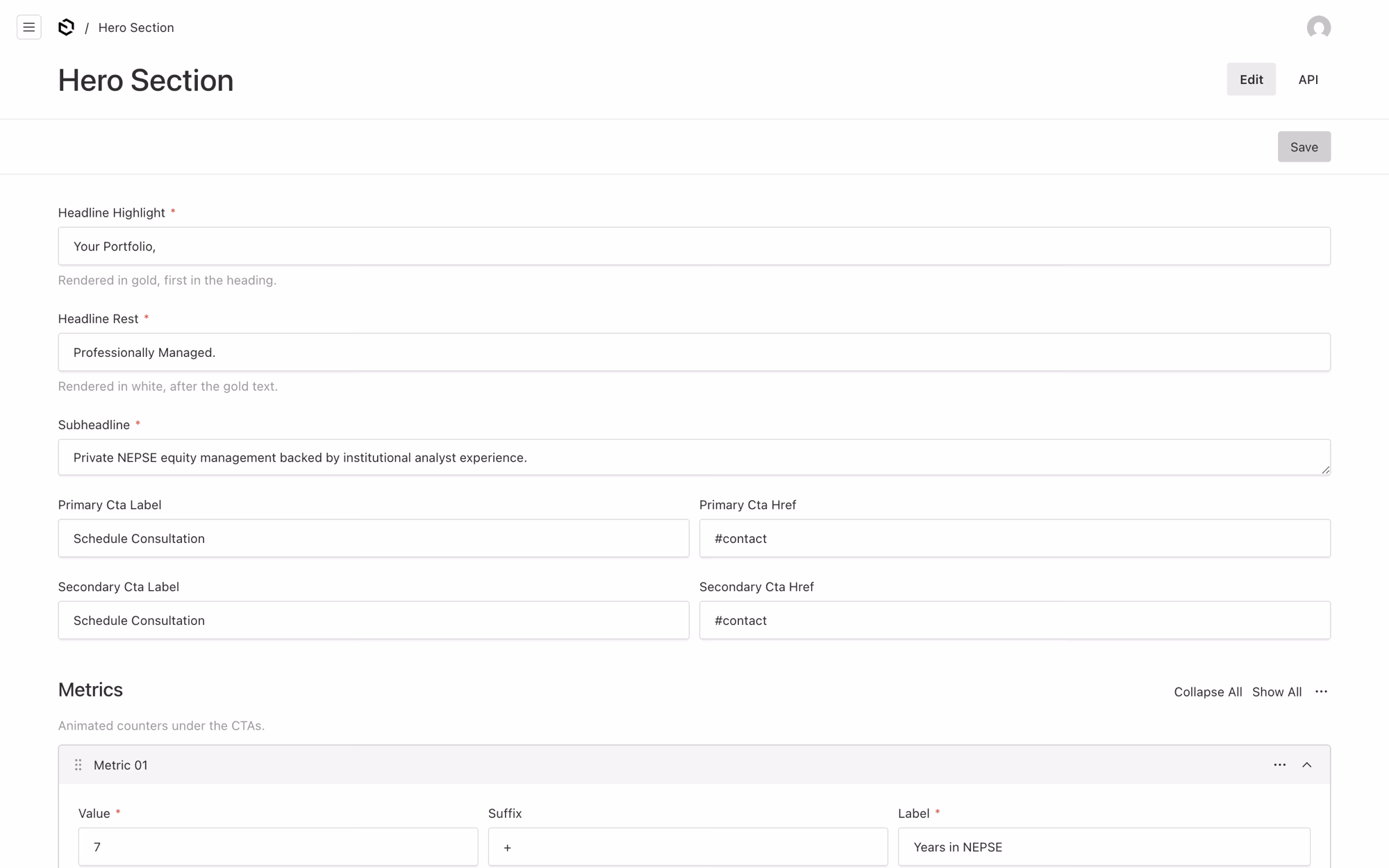 The hero section in Payload: the gold half of the headline and the white half as separate fields, the subheading, the button labels, and one stat.
