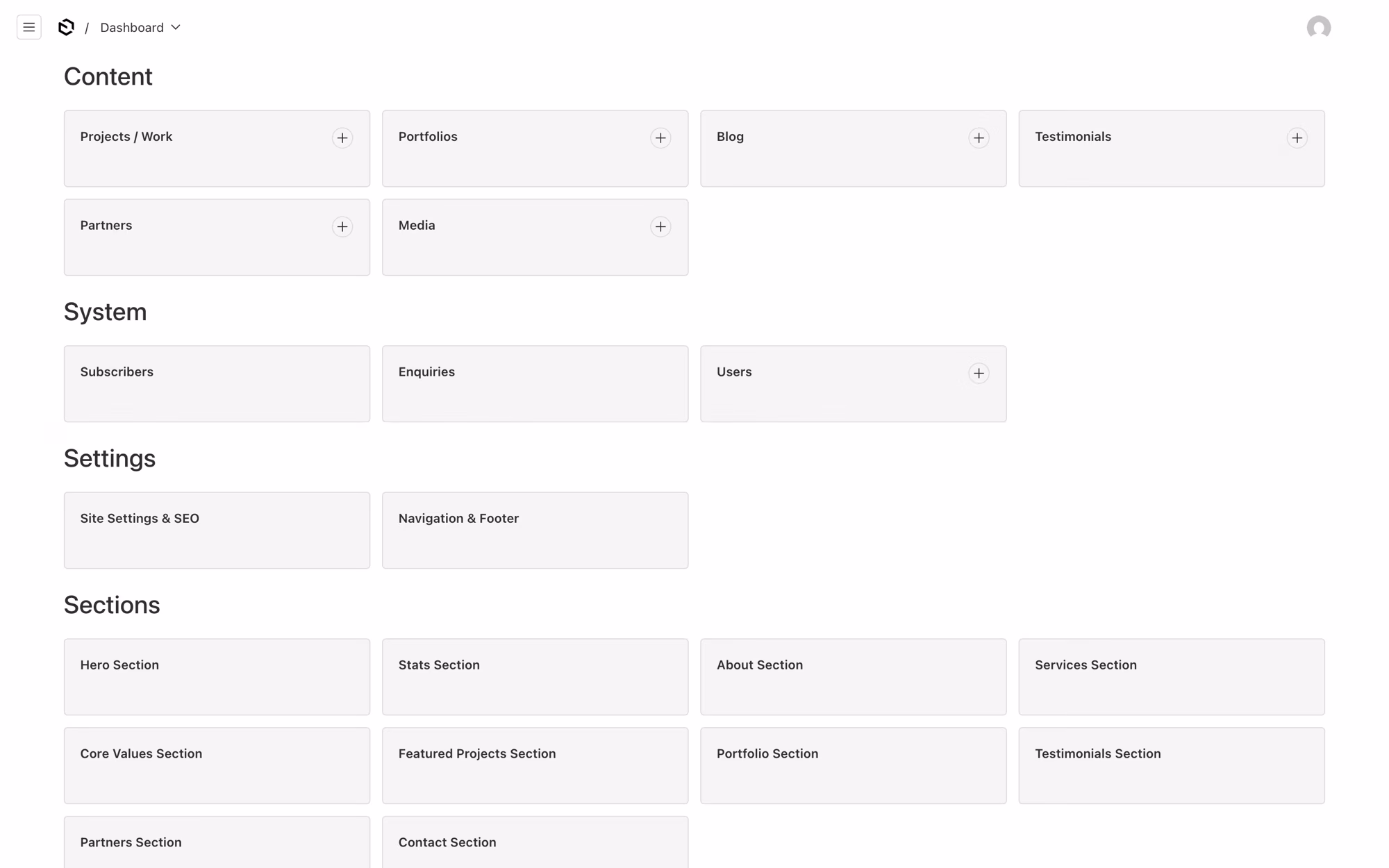The Payload dashboard, grouped into content, system, settings and sections, with one card per collection and one per section of the landing page.