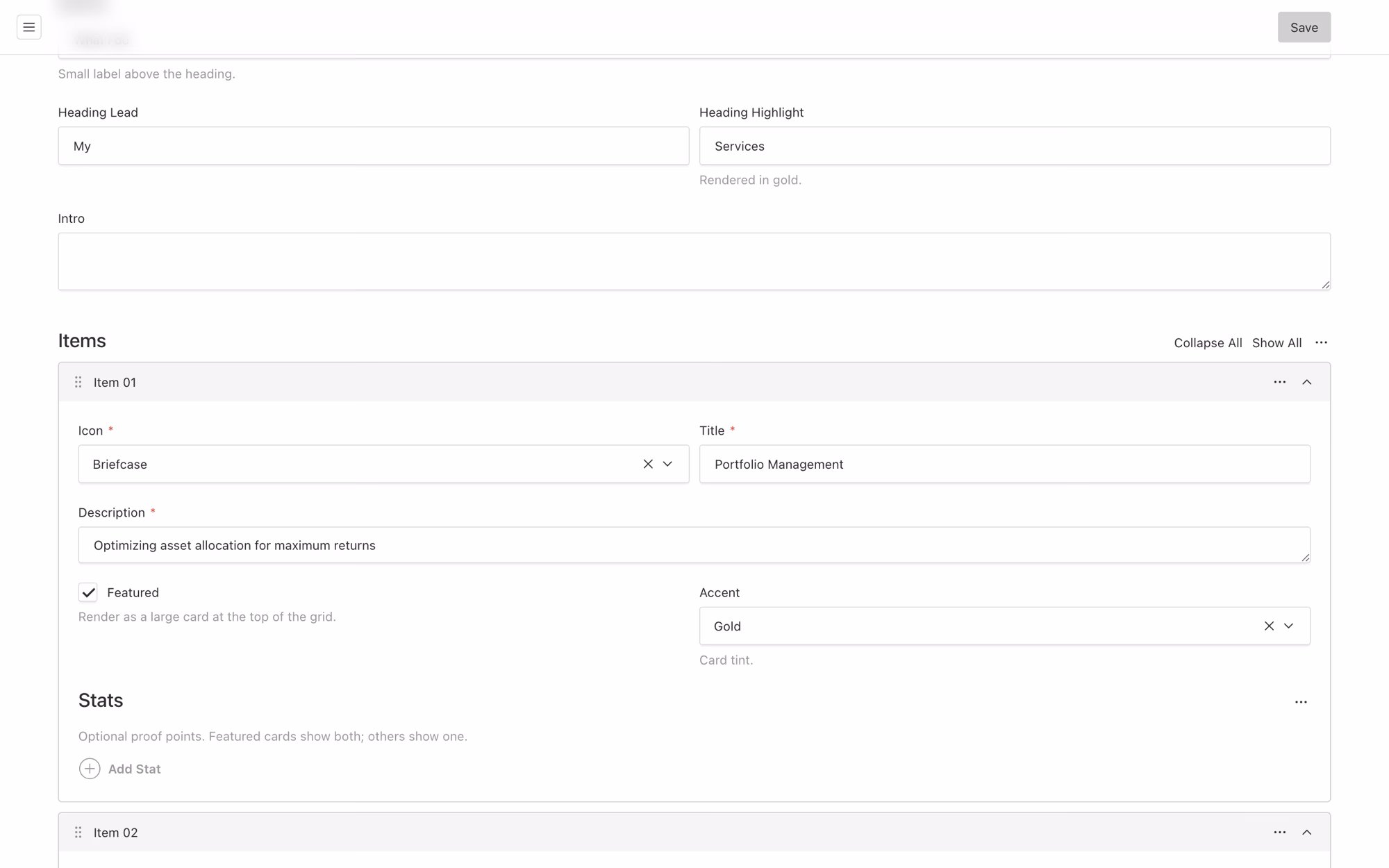 A service entry in Payload: an icon picker set to Briefcase, a title, a description, a featured checkbox reading render as a large card, an accent.