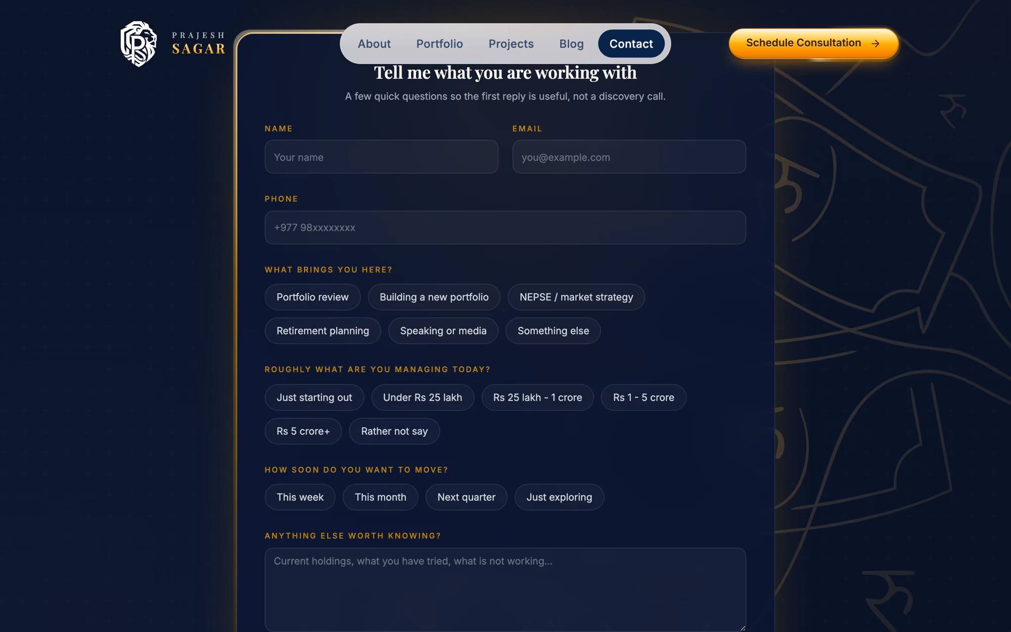 The enquiry form: name, email and phone, then rows of chips asking what brings you here, what you are managing today and how soon you want to move.