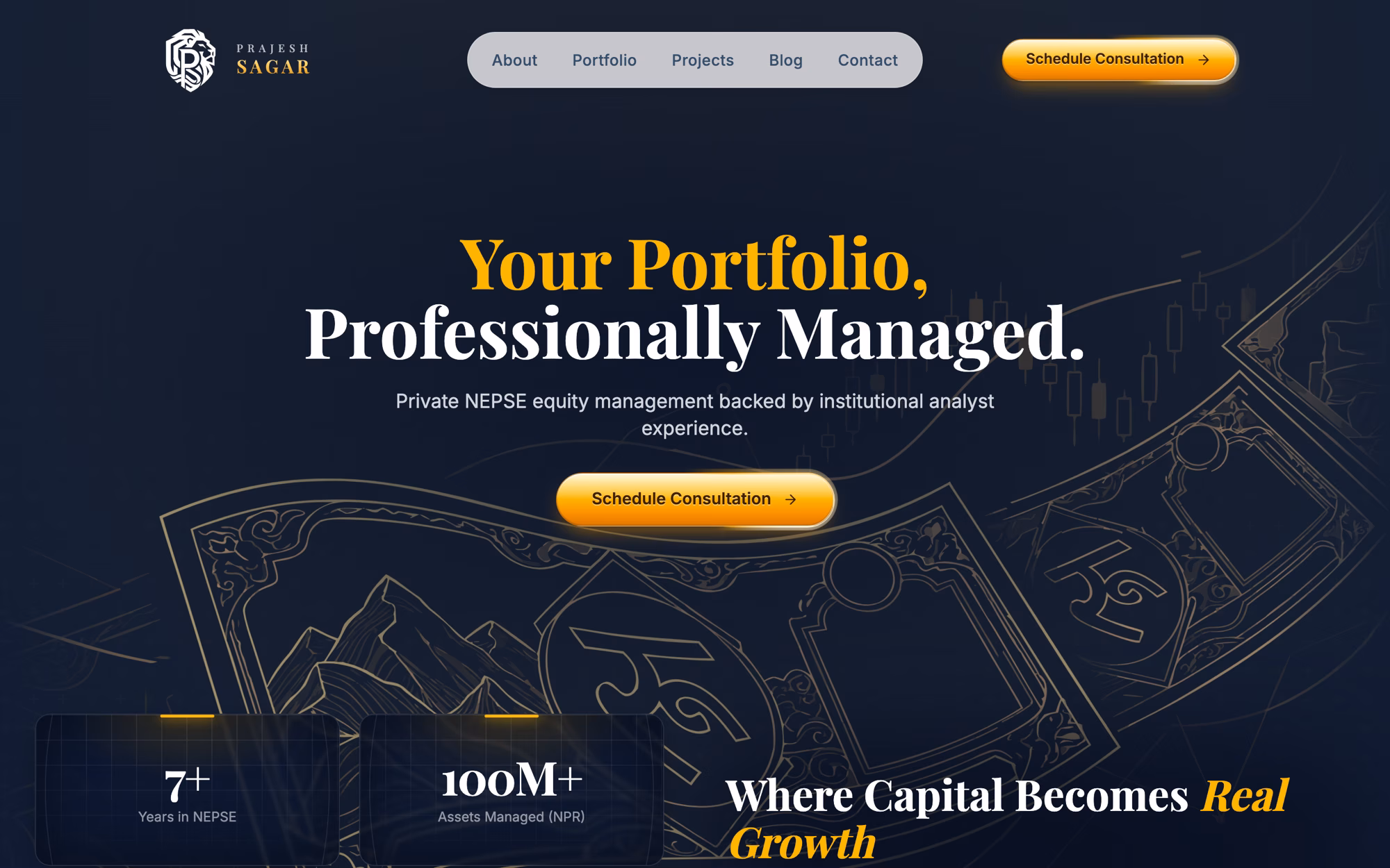 The Prajesh Sagar home page: Your Portfolio, Professionally Managed over drifting line drawings of Nepali banknotes and a candlestick chart.