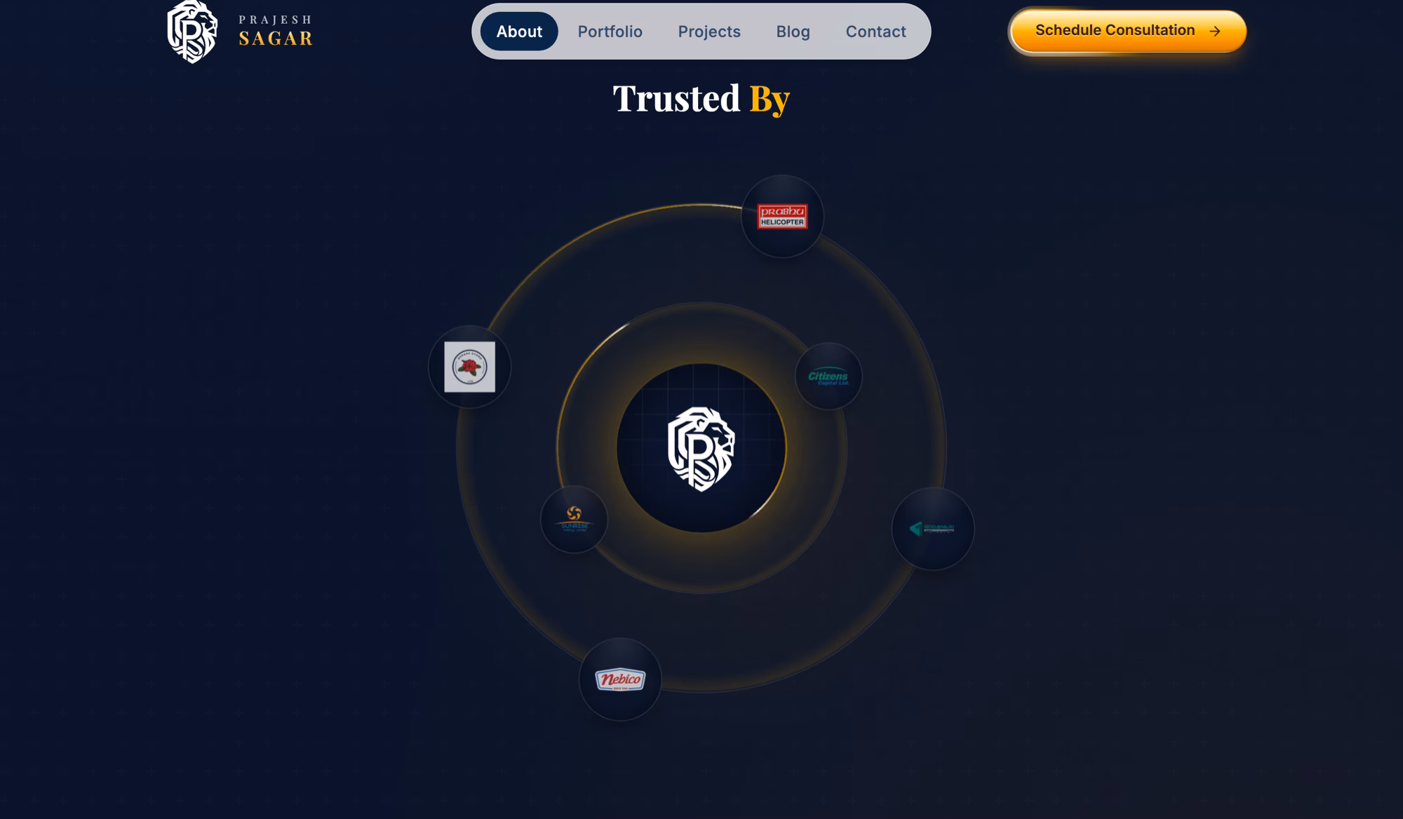 The trusted by section: six client logos sitting on two faint rings that rotate slowly around the lion monogram at the centre.
