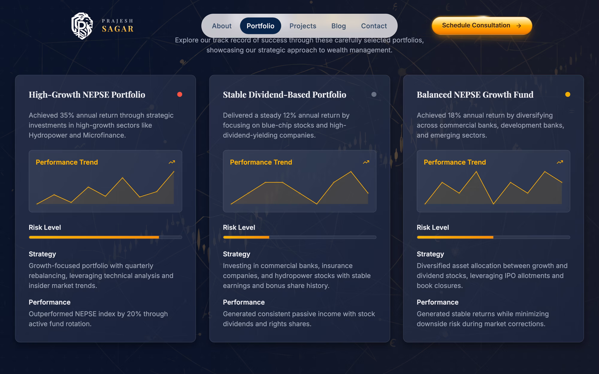 Three portfolio cards side by side, each with a summary, a performance sparkline, a risk meter, and the strategy and result written under it.