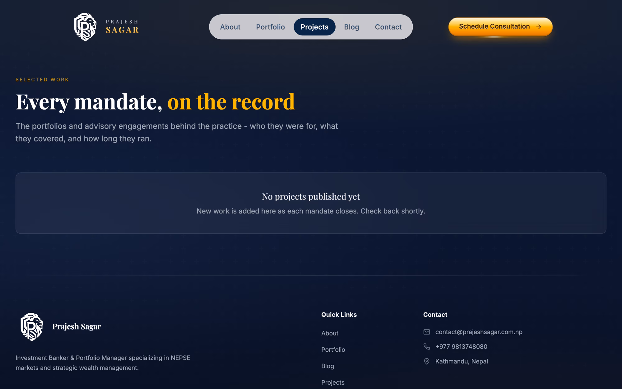 The projects page with nothing published: the heading Every mandate, on the record over a bordered panel reading no projects published yet.