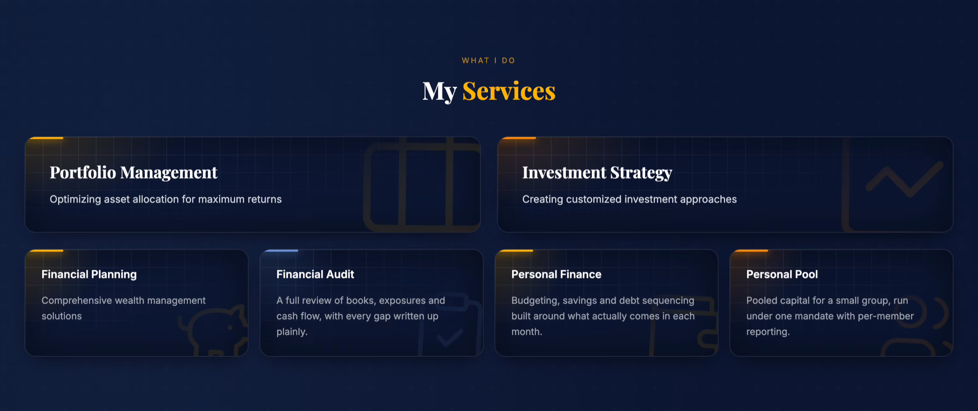 The services grid: two wide cards, portfolio management and investment strategy, over four narrow ones for planning, audit and pooled capital.