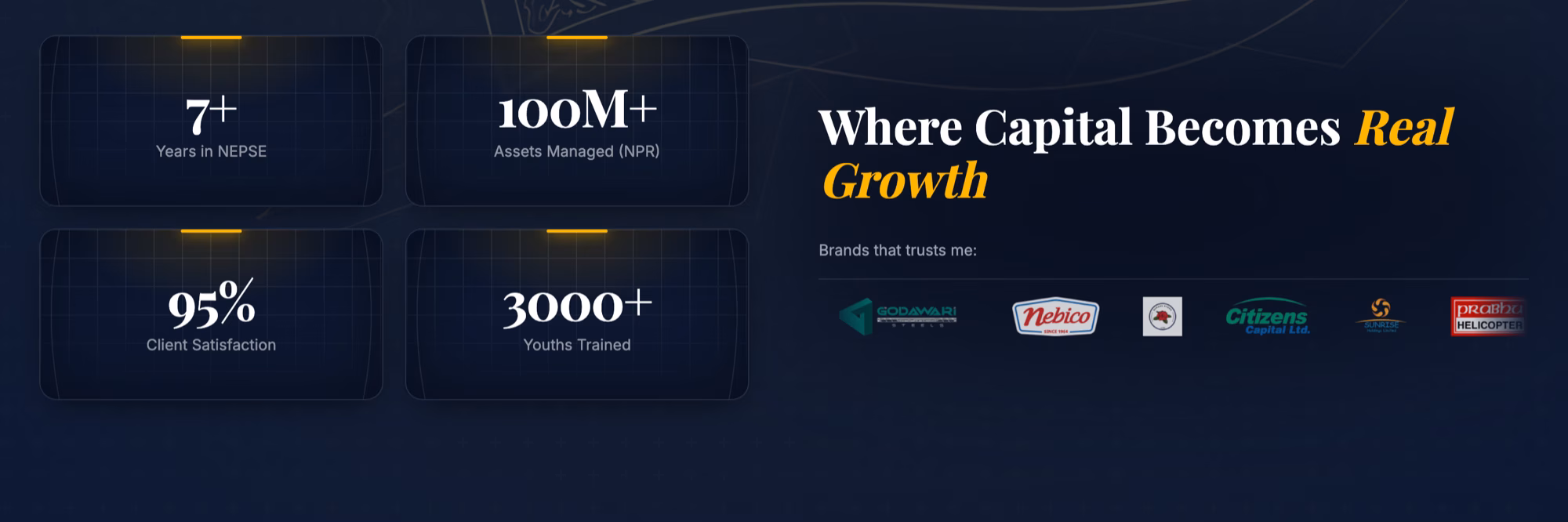 The proof band: four dark stat cards two by two on the left, the line Where Capital Becomes Real Growth on the right, and client logos under it.