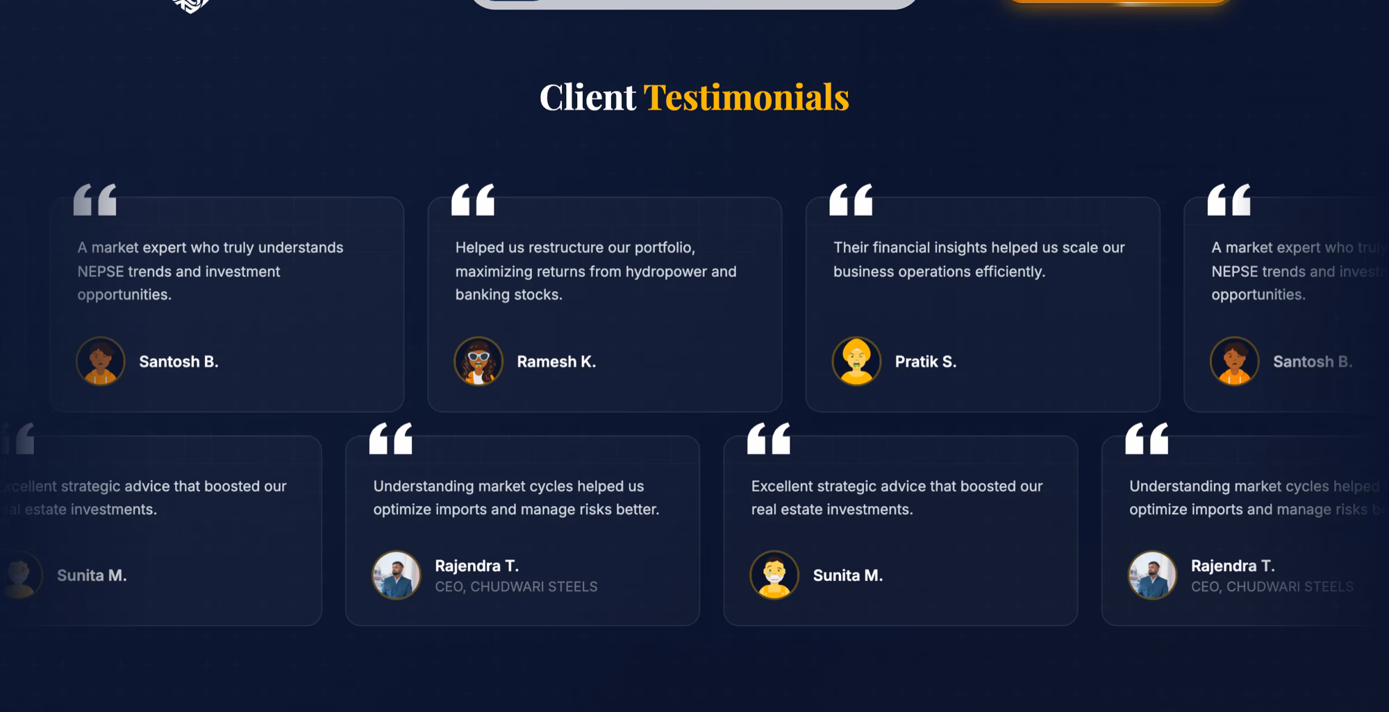 The testimonials band: two rows of quote cards running in opposite directions, each card carrying a quote, an avatar and a name.
