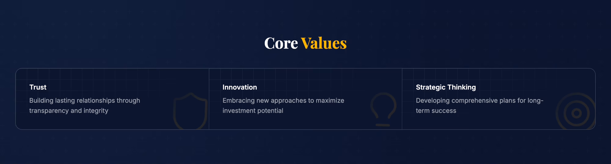 The core values rail: three columns headed trust, innovation and strategic thinking, each with a large faint icon behind the text.