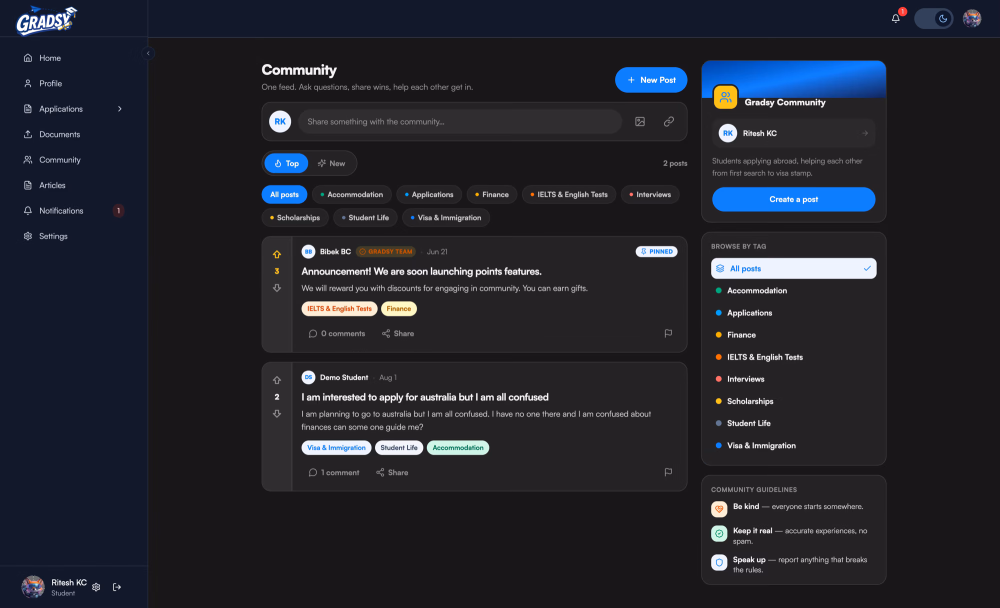 A community feed with vote counts, tag filters, a pinned announcement from the Gradsy team, and a sidebar of tags and guidelines.