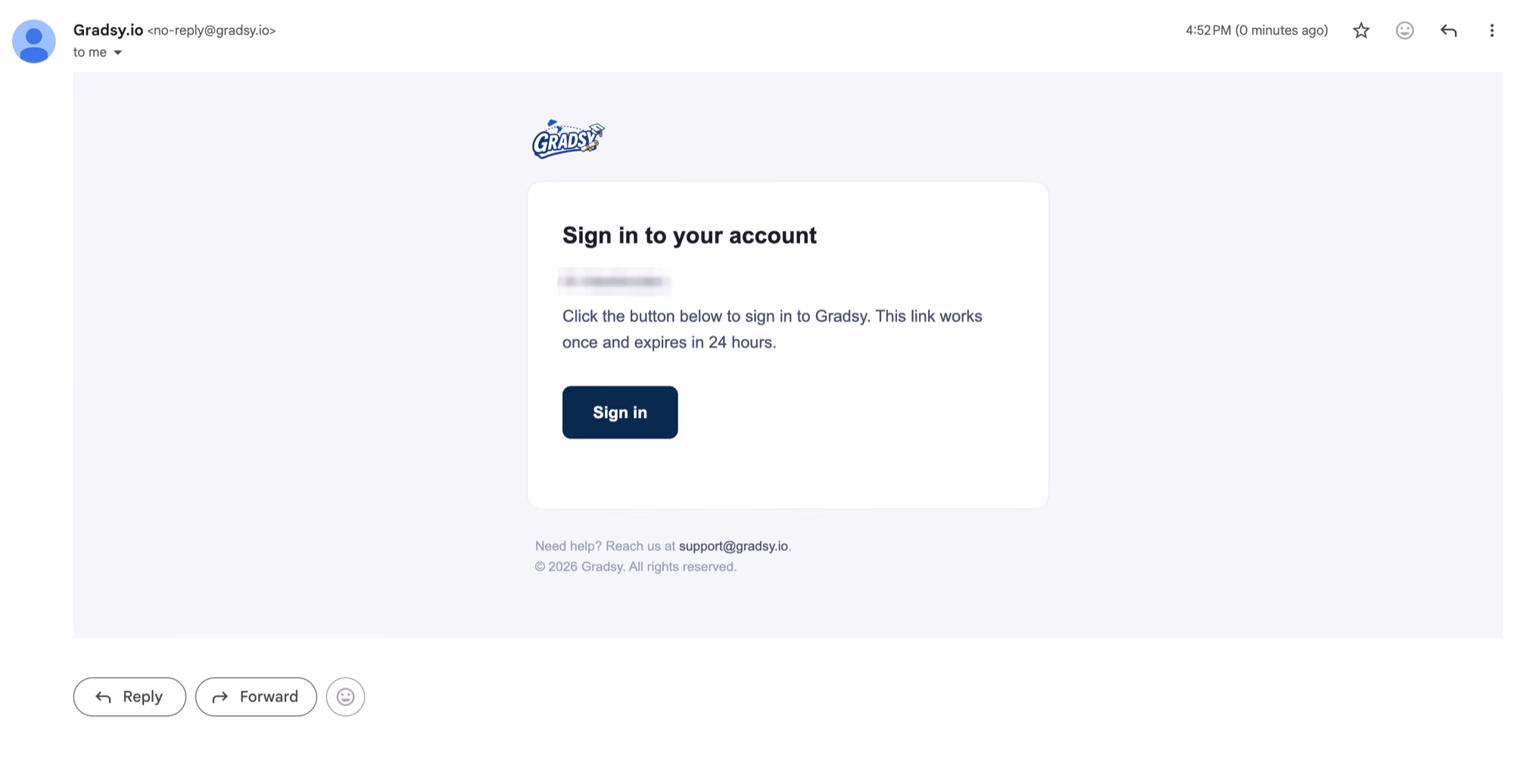The delivered sign-in email, stating that the link works once and expires in 24 hours.