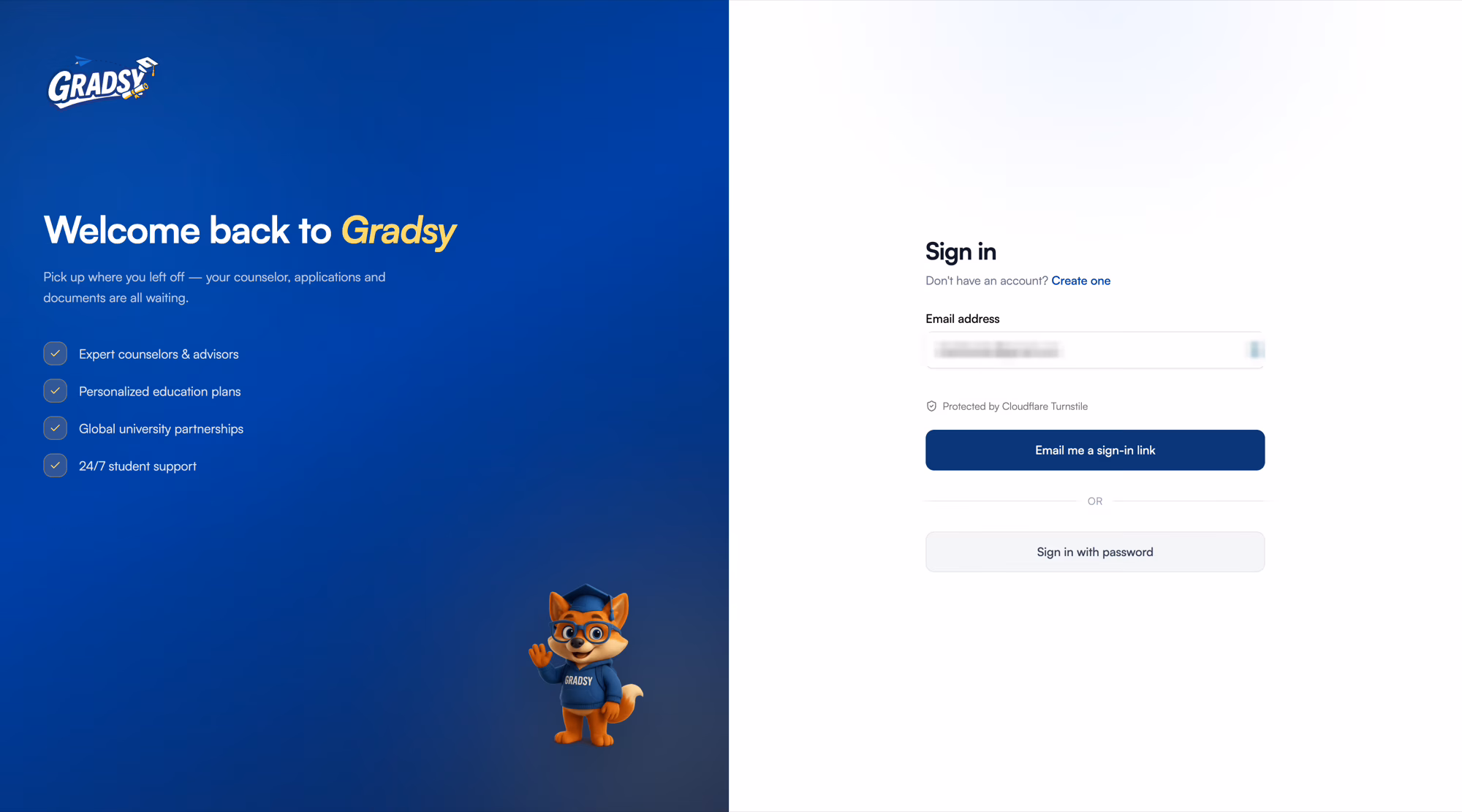 A sign-in screen with an email field, a Cloudflare Turnstile notice, a button to email a sign-in link, and a password fallback below.
