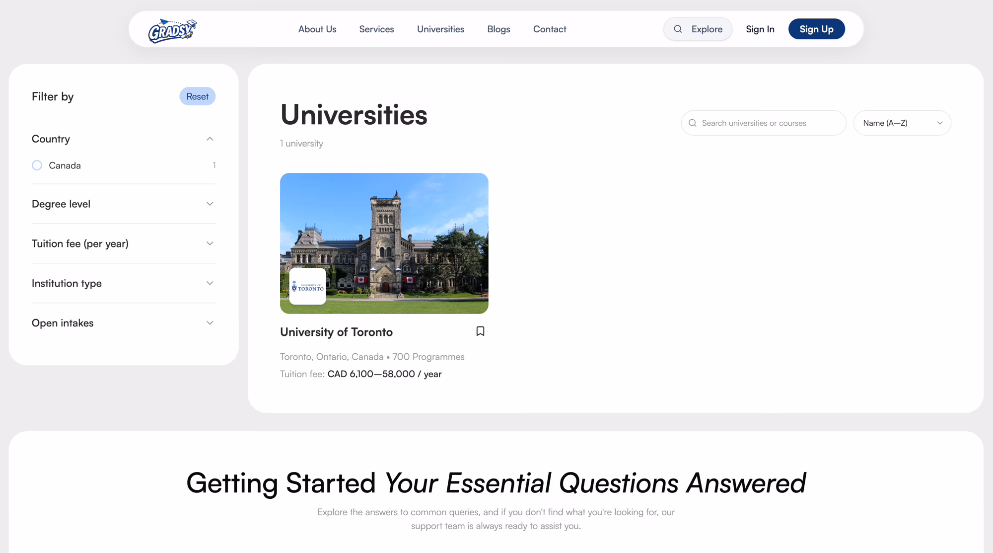 A public universities directory with filters for country, degree level, tuition, institution type and intake, beside one result card.