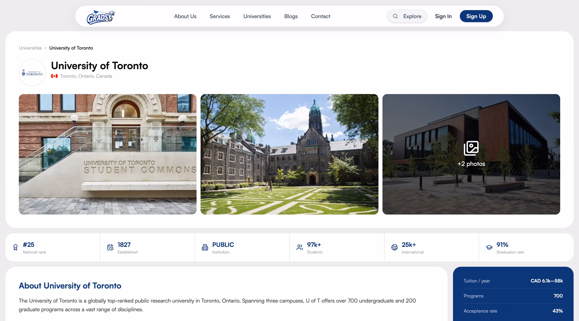 A university profile page: photo gallery, a row of statistics, an about section, and a sidebar listing tuition, programmes and acceptance rate.
