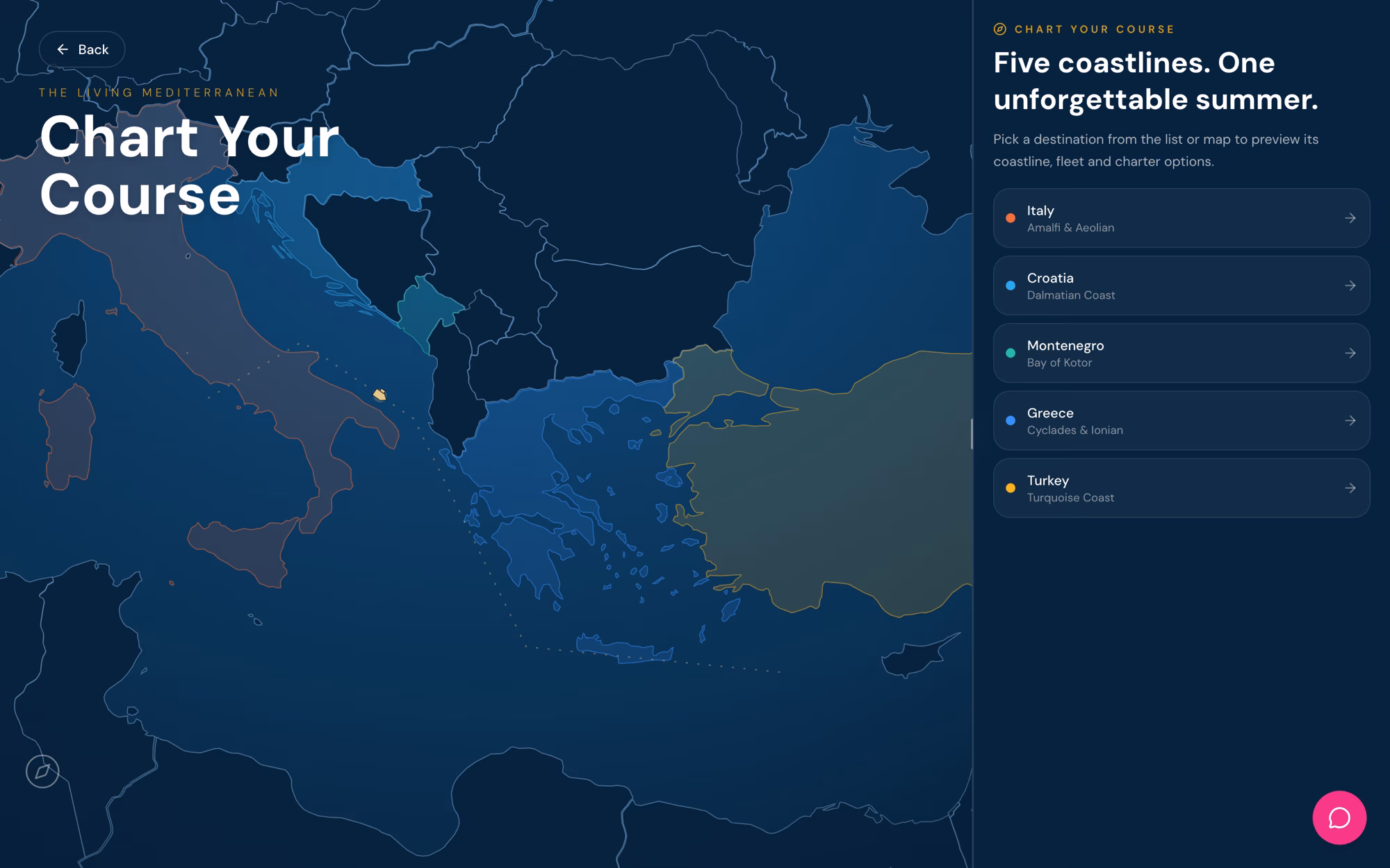 Interactive Mediterranean chart with five coastlines picked out in colour beside a country list.