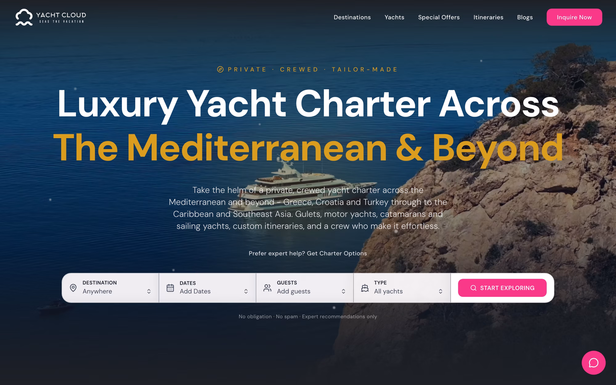 Yacht Cloud home page over a video of a motor yacht, with a four-field charter search bar.