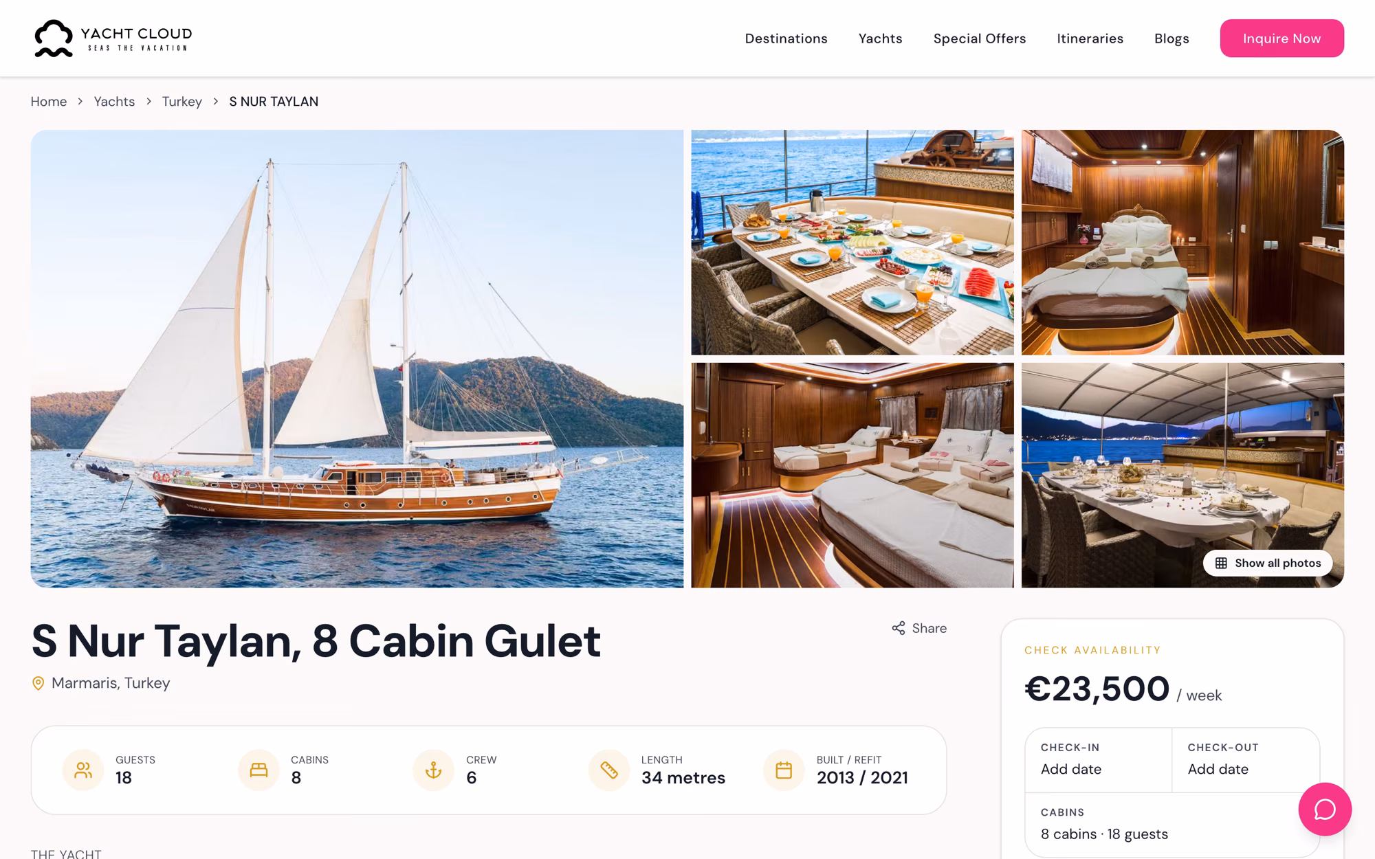 Yacht detail page for S Nur Taylan: gallery mosaic, guests, cabins, crew, length and refit year, and an availability card.