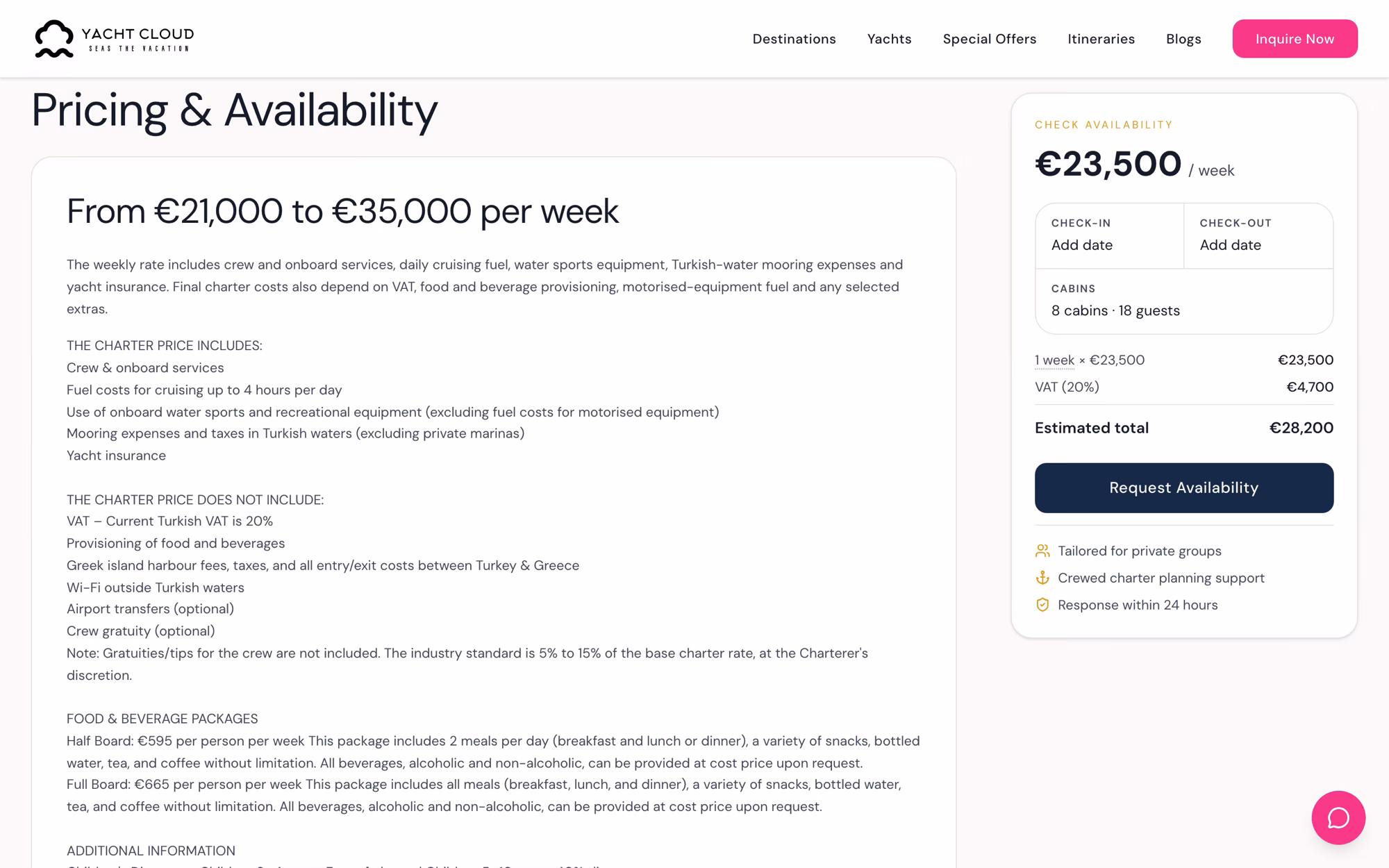 Pricing section listing what the weekly rate includes, beside a card totalling one week plus 20% VAT.