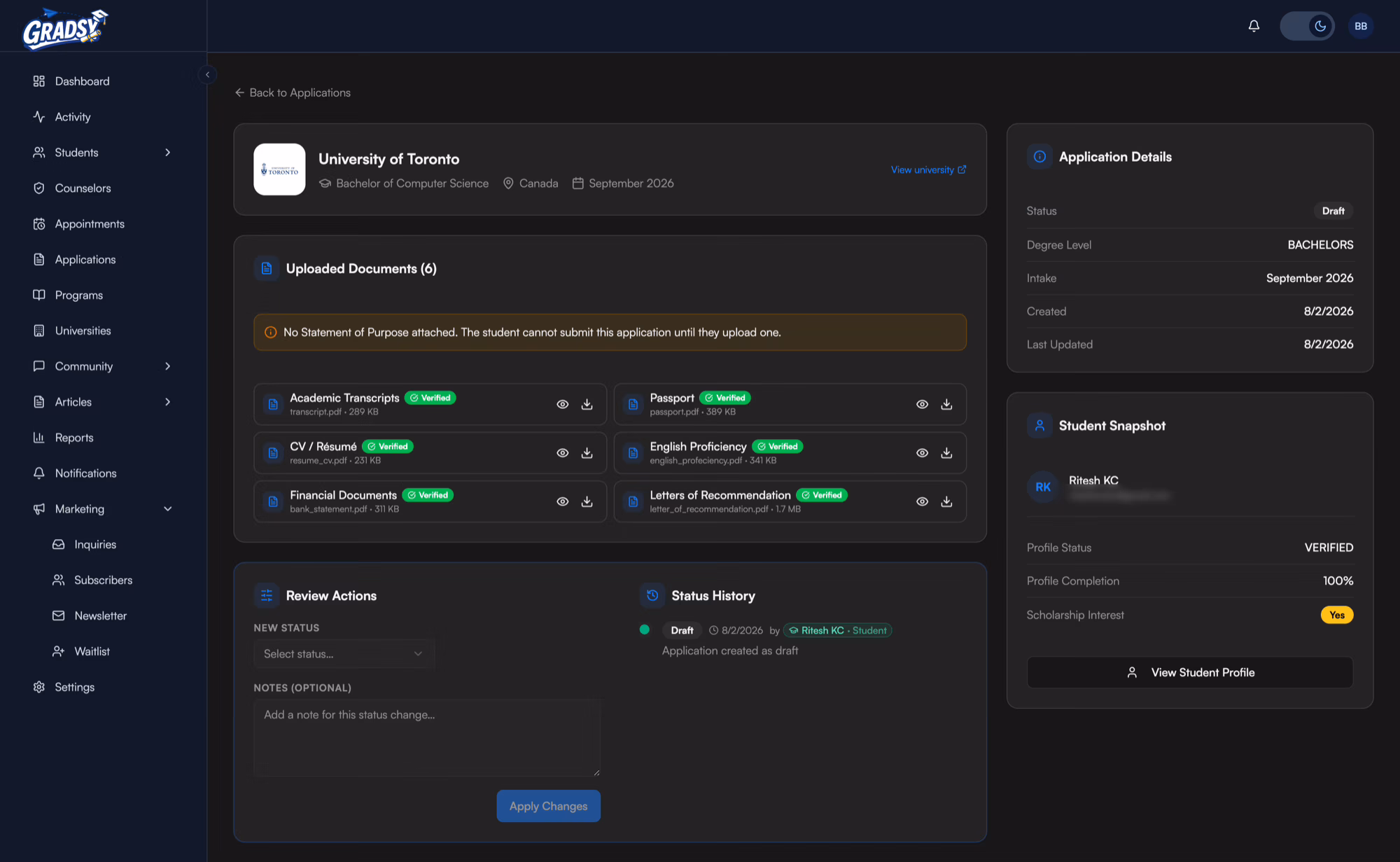 An admin reviewing one application: verified documents, a warning that a missing statement of purpose blocks submission, and a status-change form.